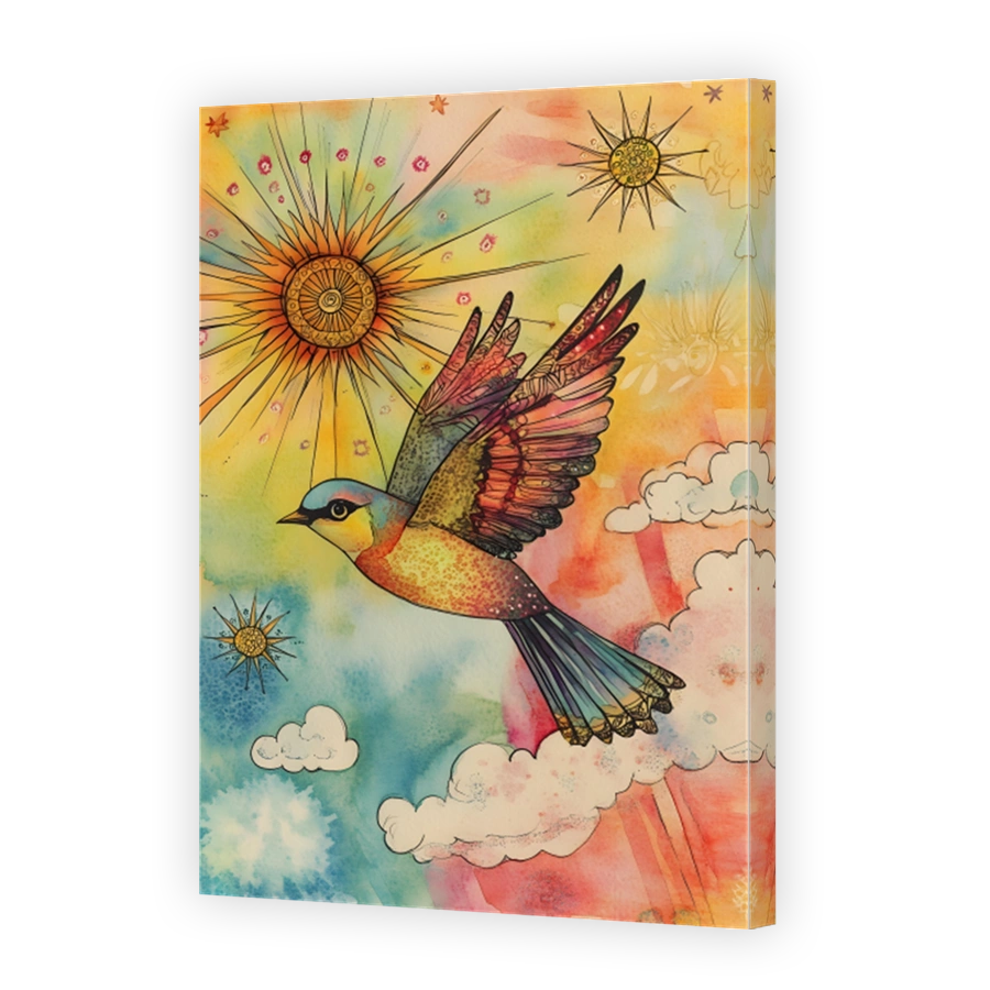 Whimsical Bird Soaring Through Colourful Skies