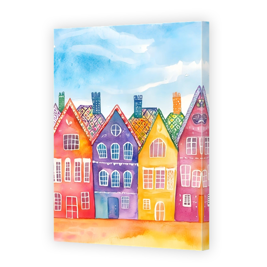 Whimsical Watercolour Row of Colourful Houses