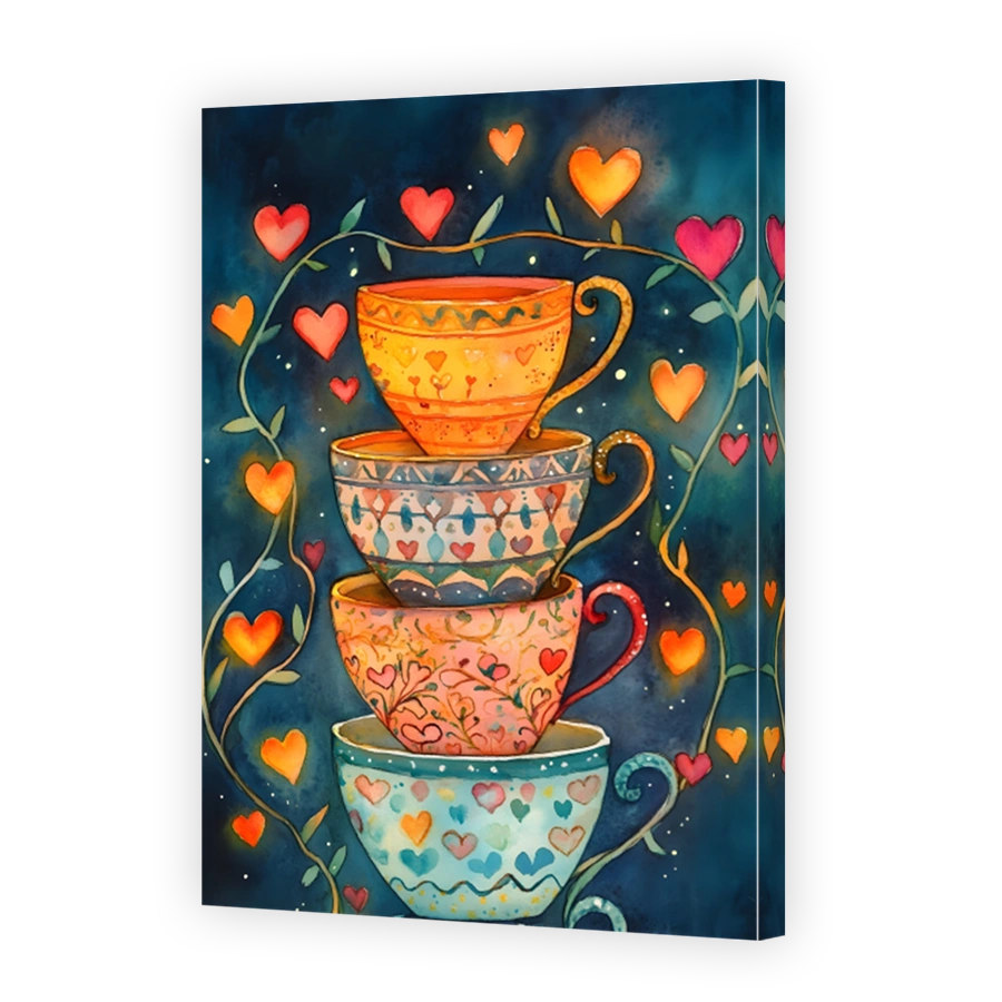 Whimsical Stacked Teacups with Hearts