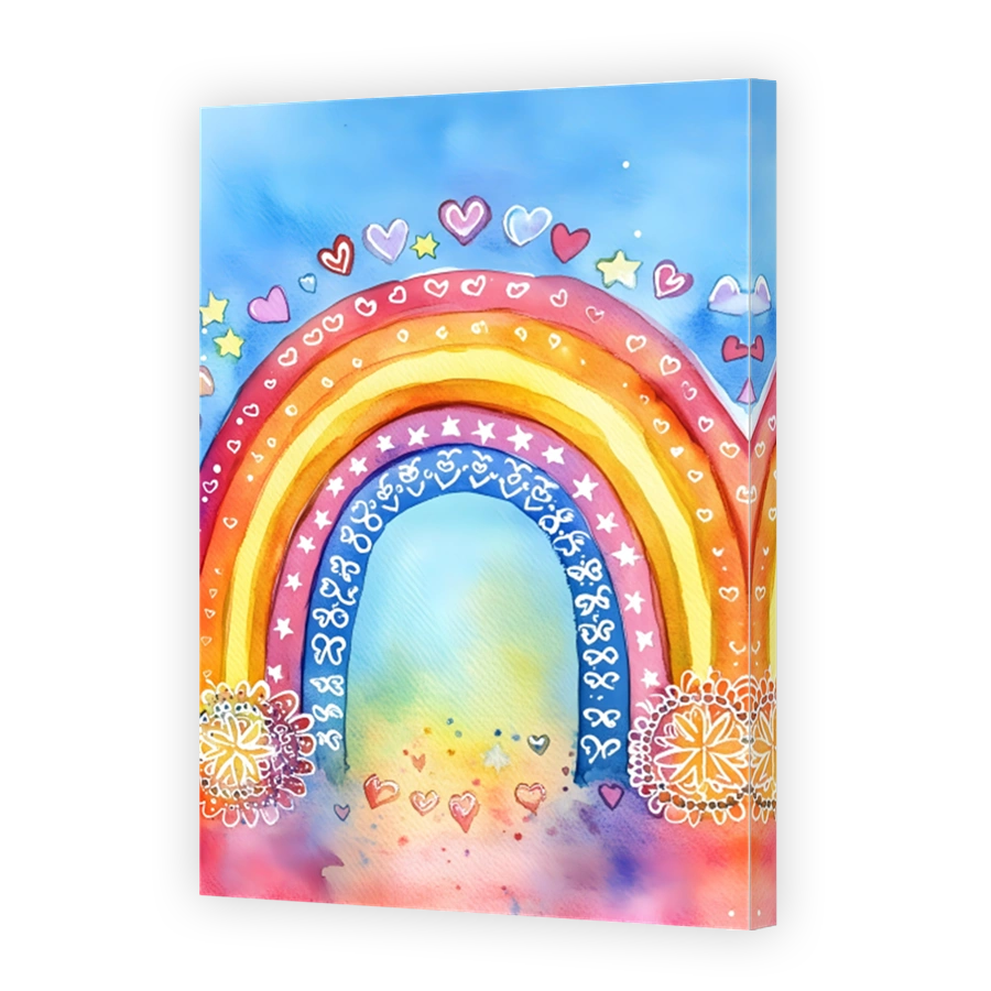 Vibrant Watercolour Rainbow with Hearts