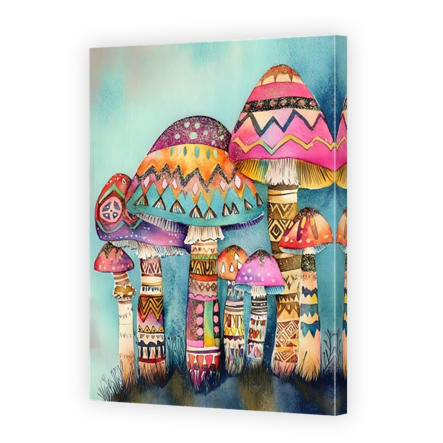 Whimsical Watercolour Mushrooms with Bohemian Patterns
