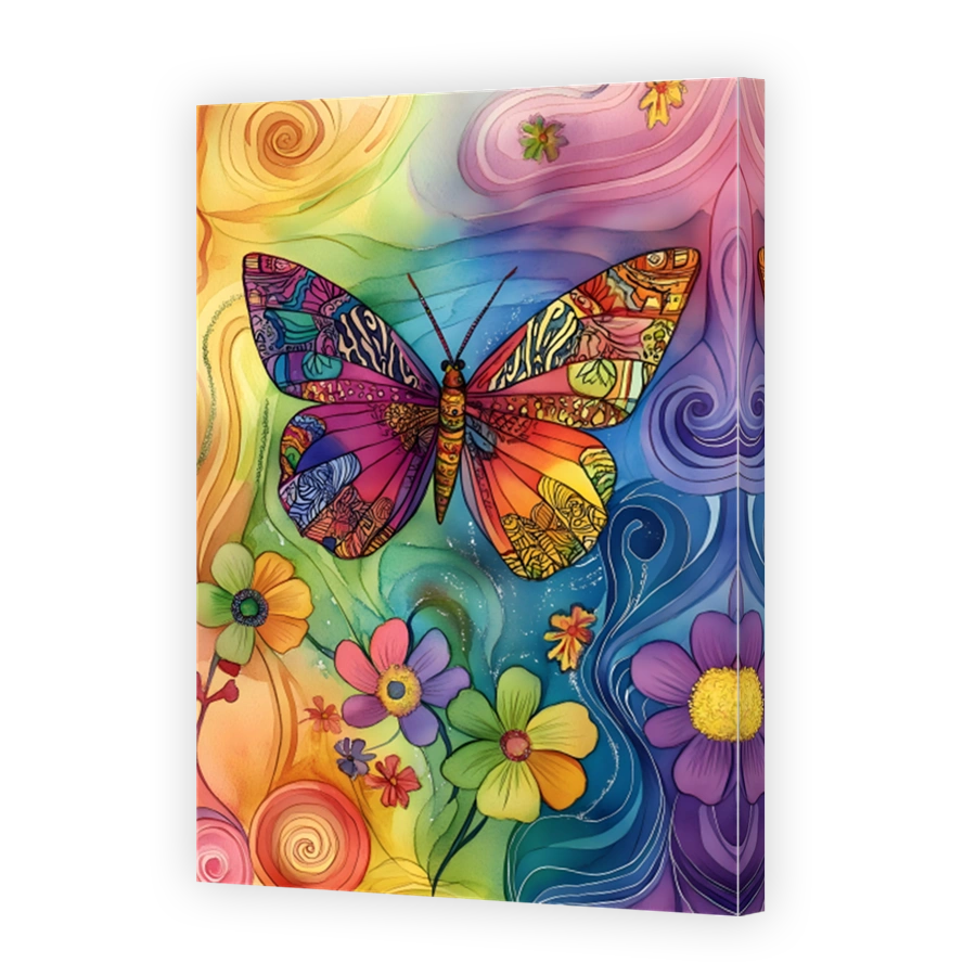 Vibrant Butterfly and Flowers Ink Painting