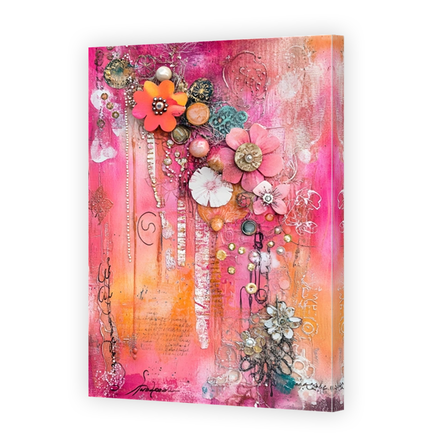 Vibrant Mixed Media Collage with Floral Accents