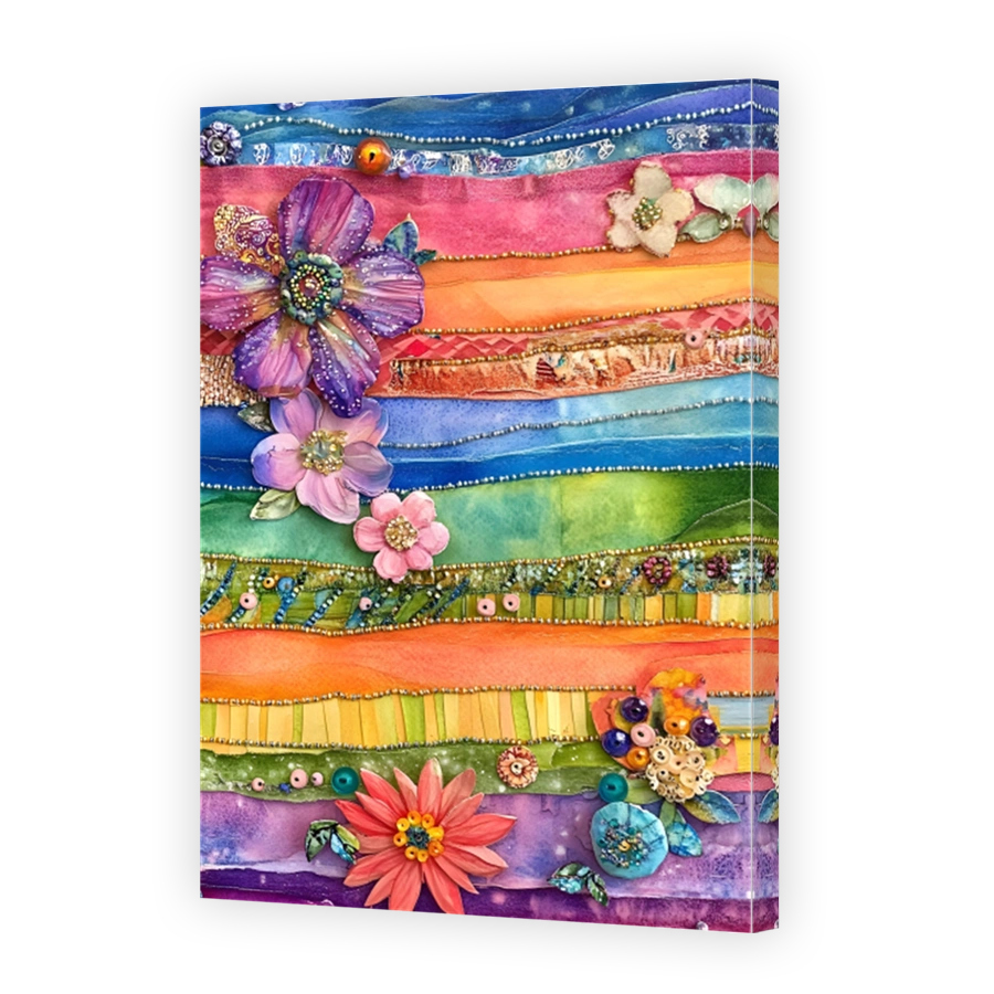 Vibrant Textile Art with Floral Embellishments