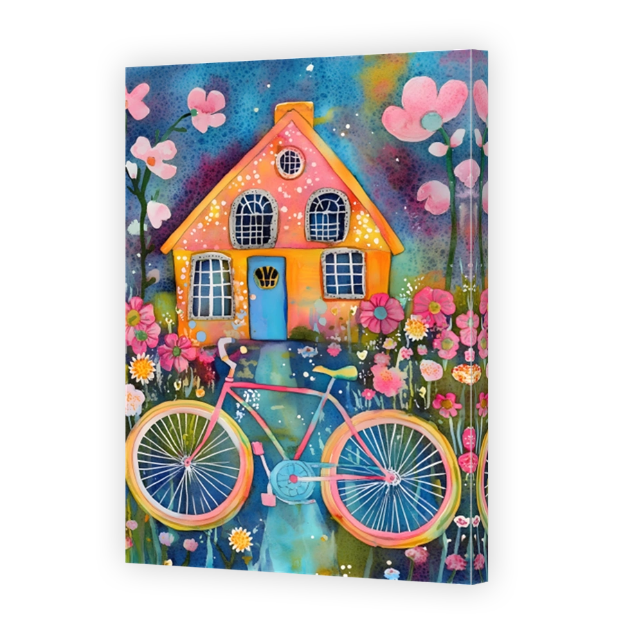 Whimsical Watercolour House and Bicycle