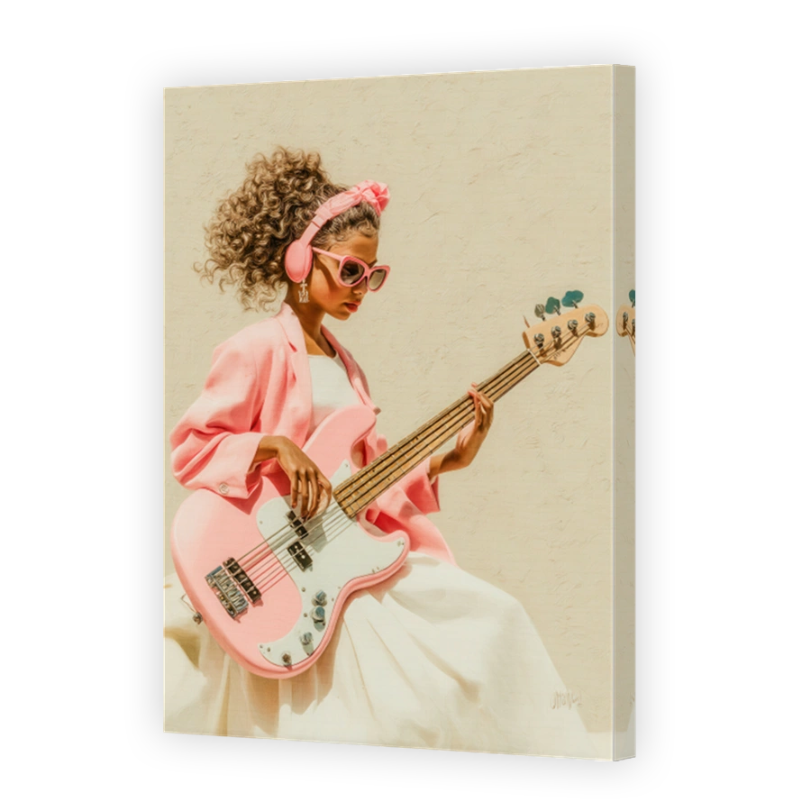 Young Woman Plays Pink Bass Guitar