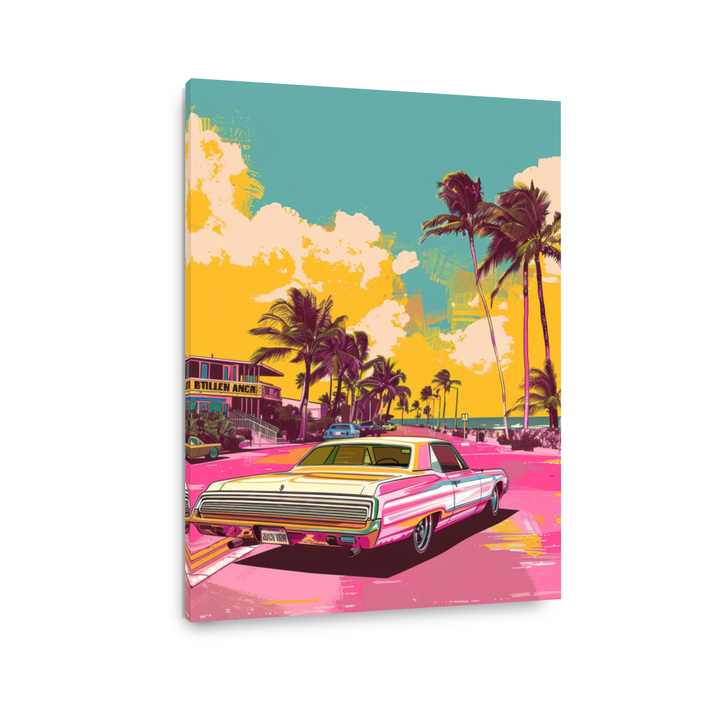 Retro Beachside Drive with Classic Car