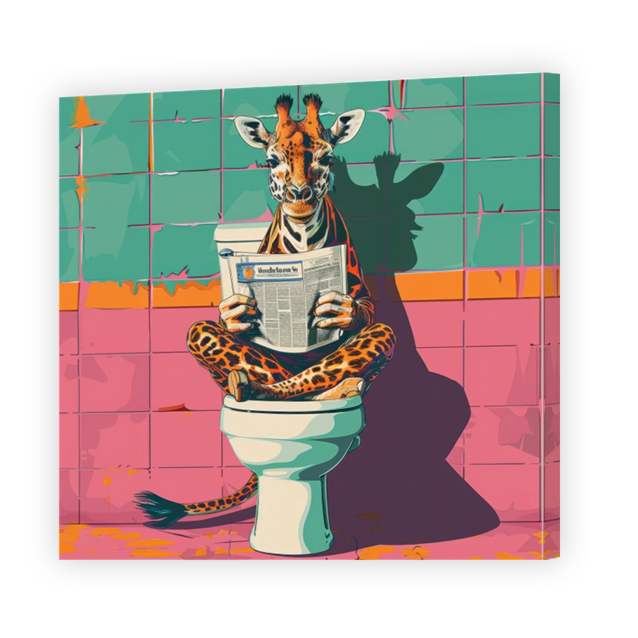 Whimsical Giraffe Reads Newspaper on Toilet