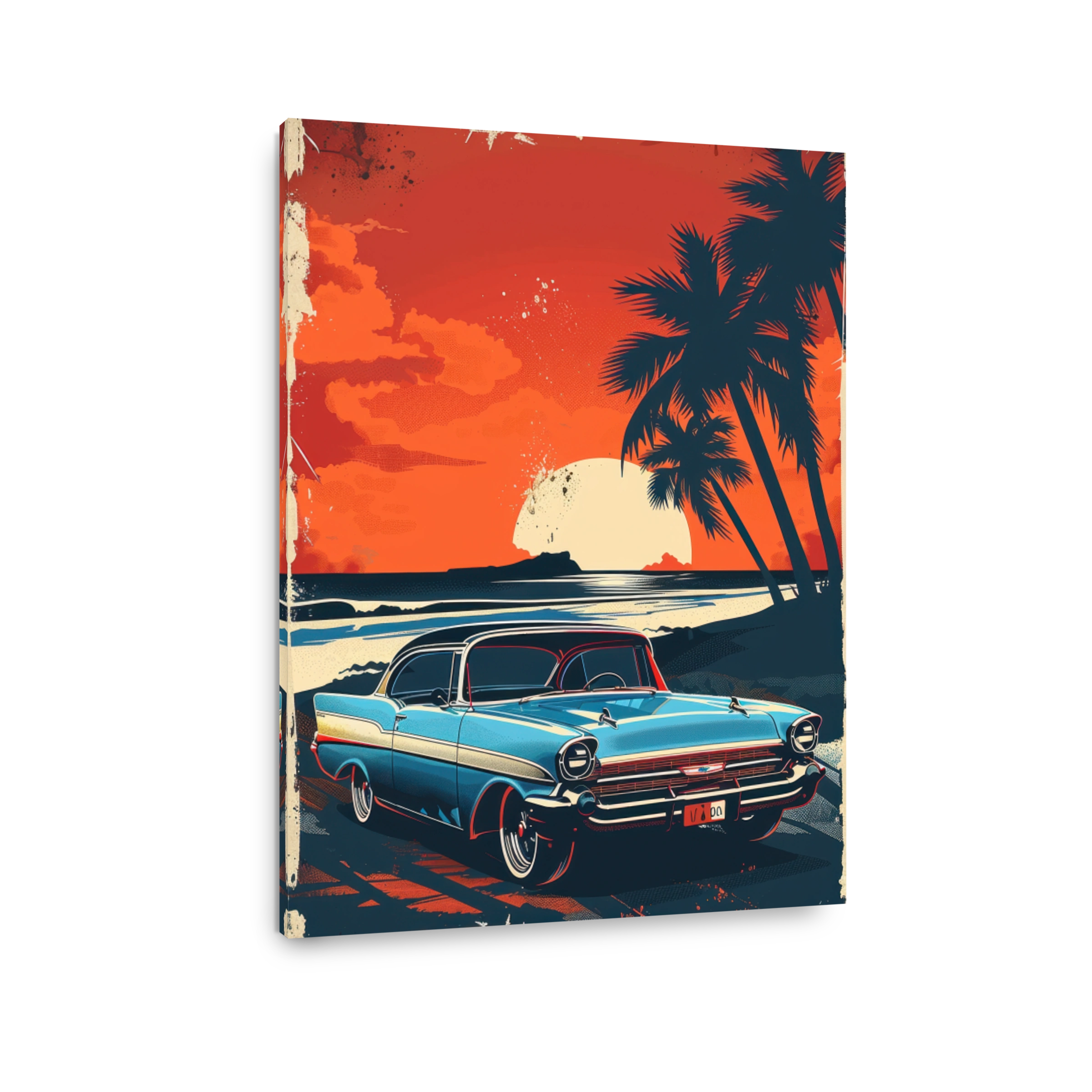 Retro Beach Scene with Classic Car