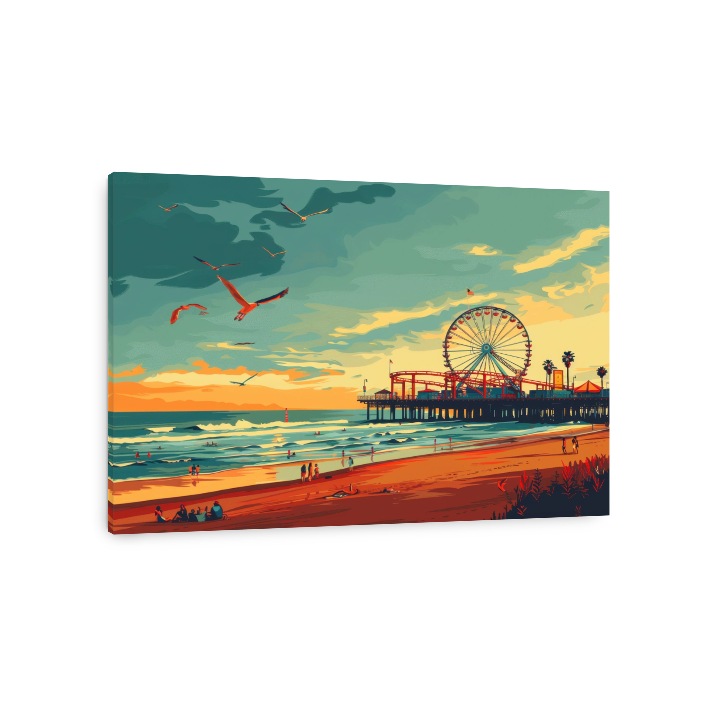 Vibrant Beach Scene with Pier and Ferris Wheel