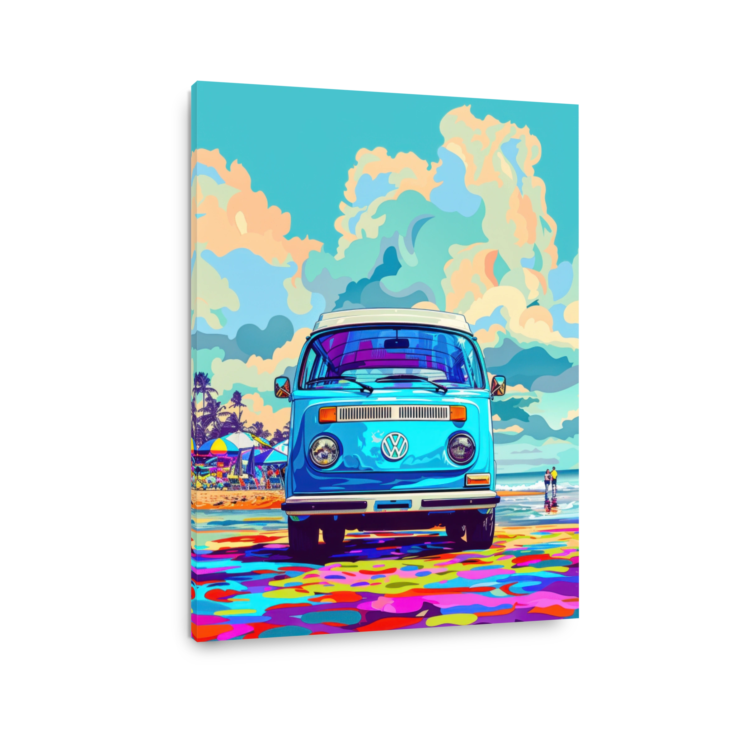 Retro Blue Kombi Van on a Colourful Beach