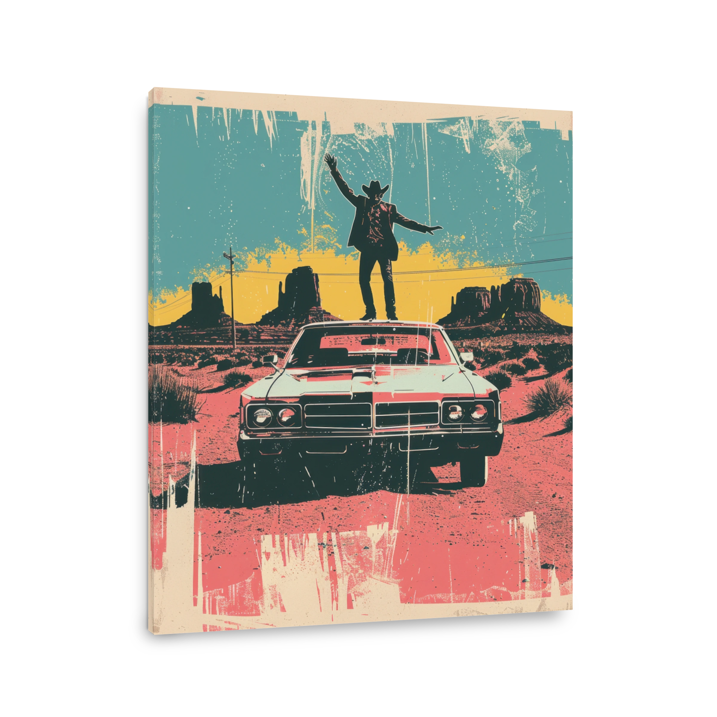 Cowboy Celebrates on Car in Monument Valley