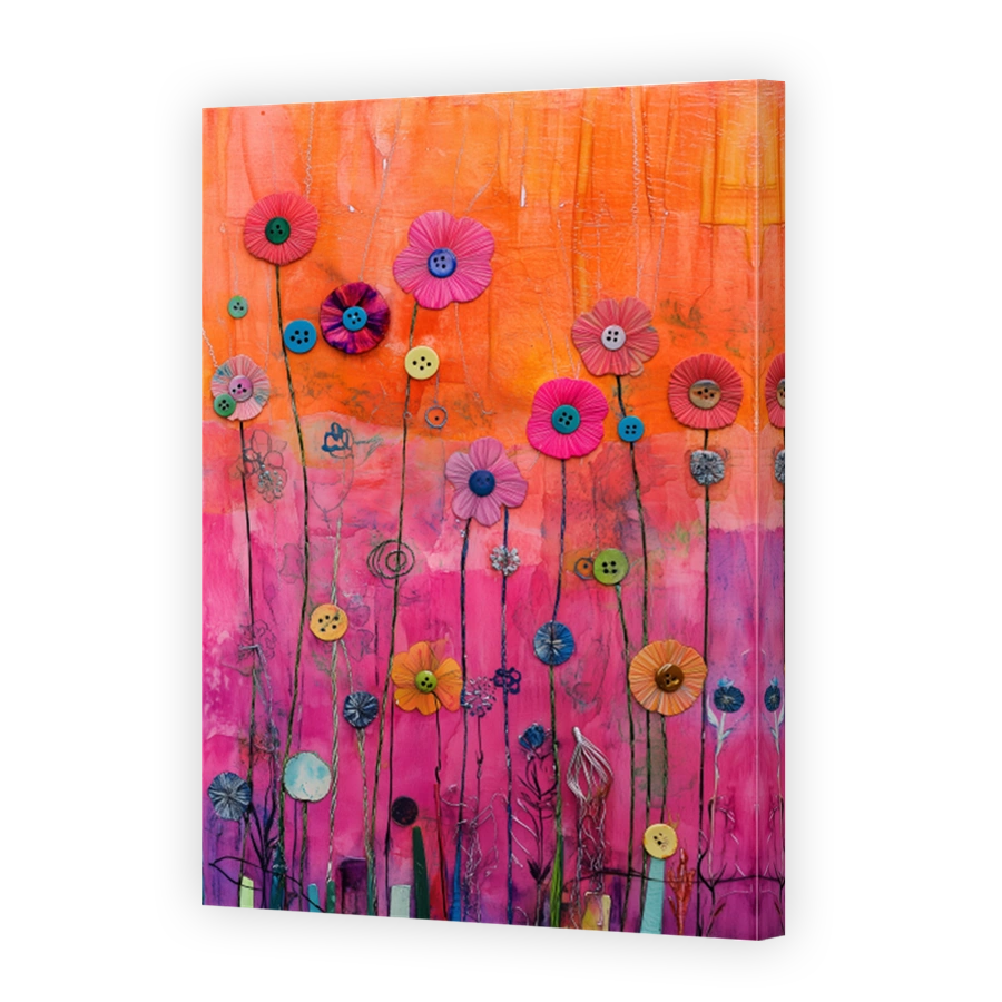 Colourful Button Flowers Mixed Media Art