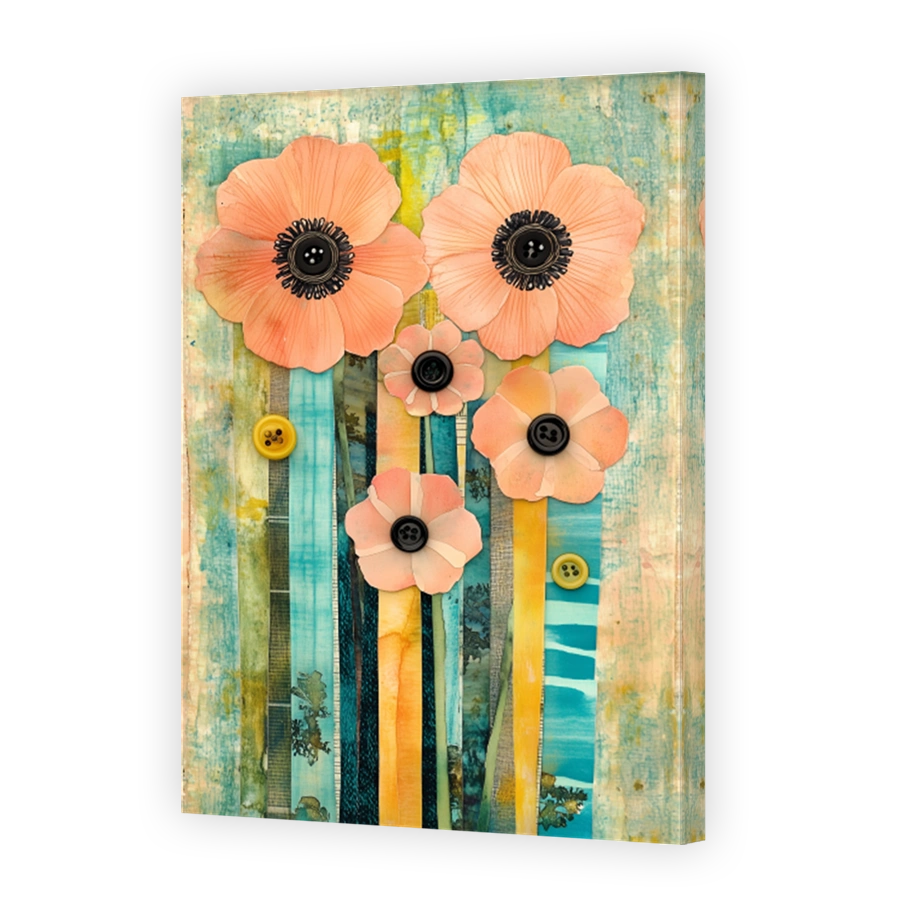 Whimsical Peach Floral Mixed Media Collage