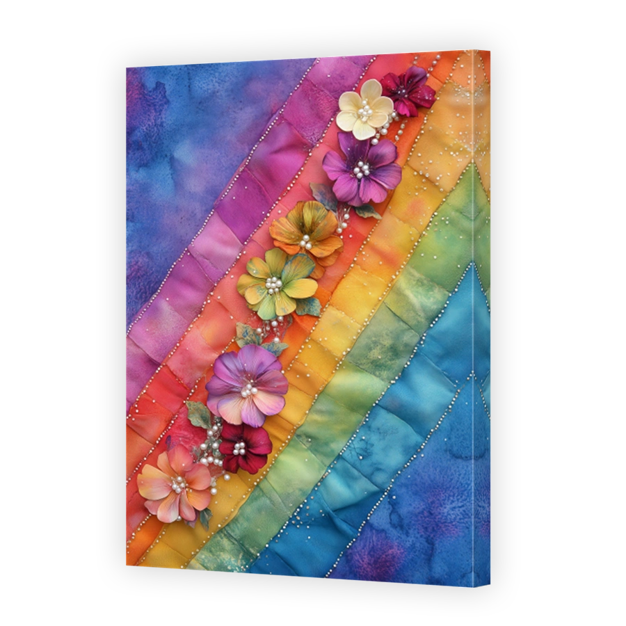 Whimsical Fabric Flowers on Rainbow Background