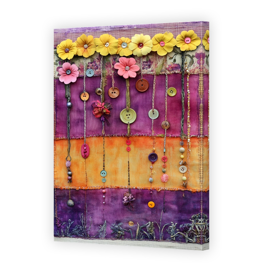 Whimsical Fabric Collage with Floral Accents