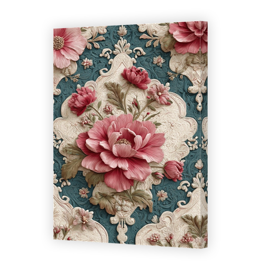 Pink Peony Blossoms on Damask Background