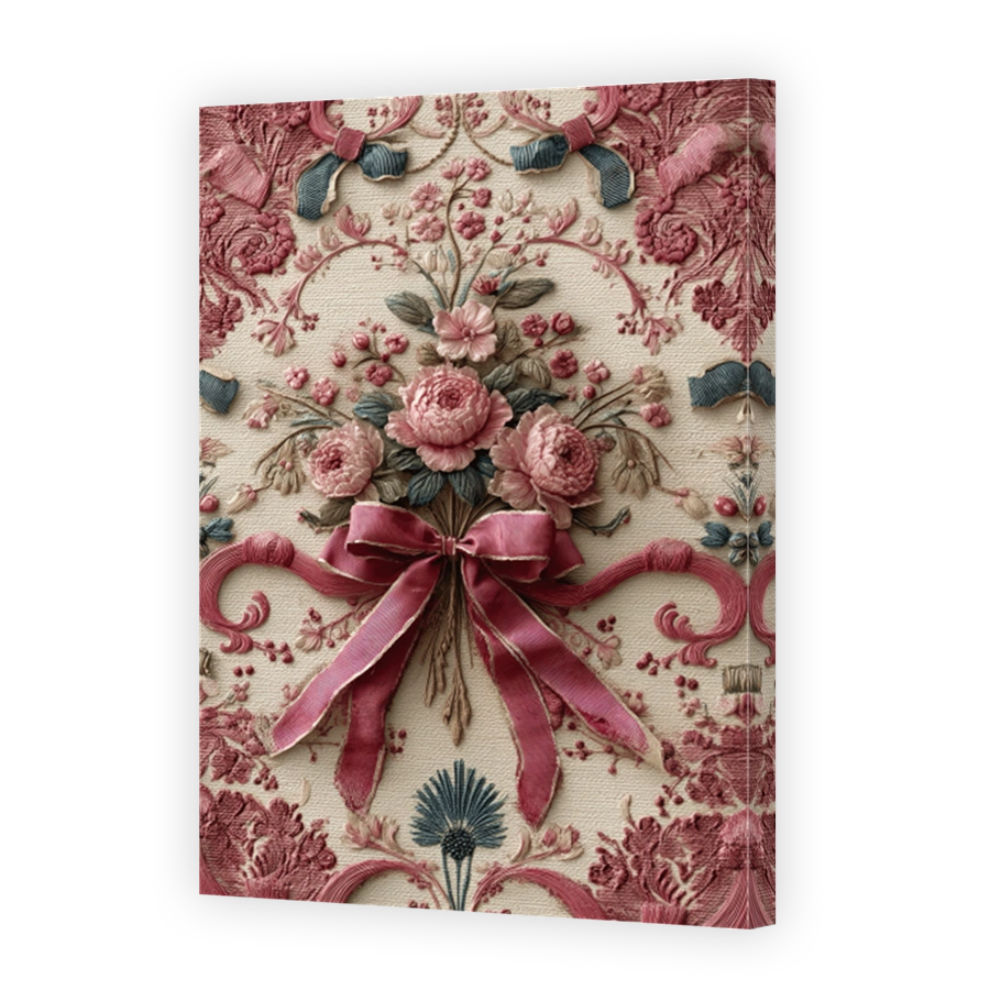 Elegant Floral Arrangement with Ribbon Textile Art