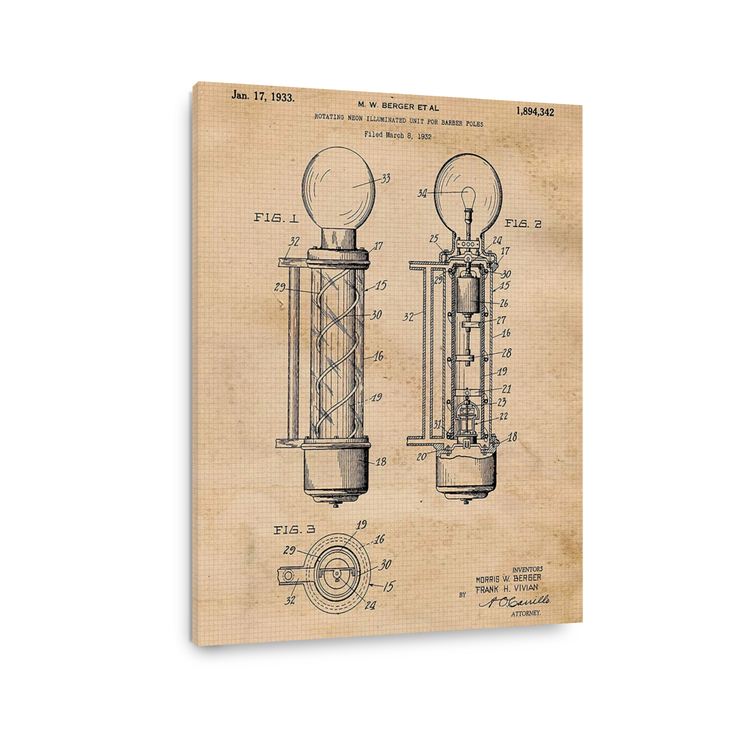 Vintage Barber Pole Blueprint Art