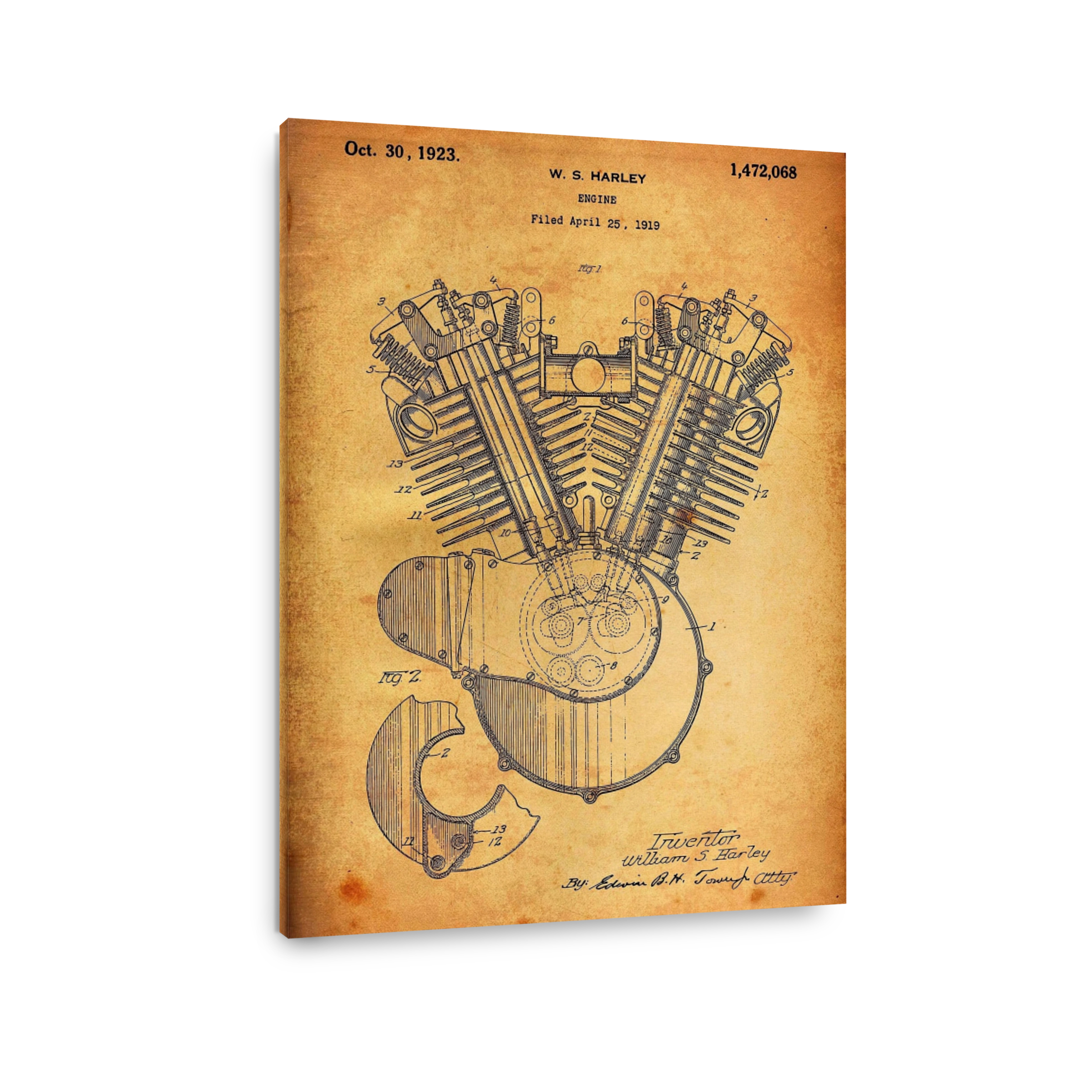 Vintage Harley Davidson Engine Blueprint Art