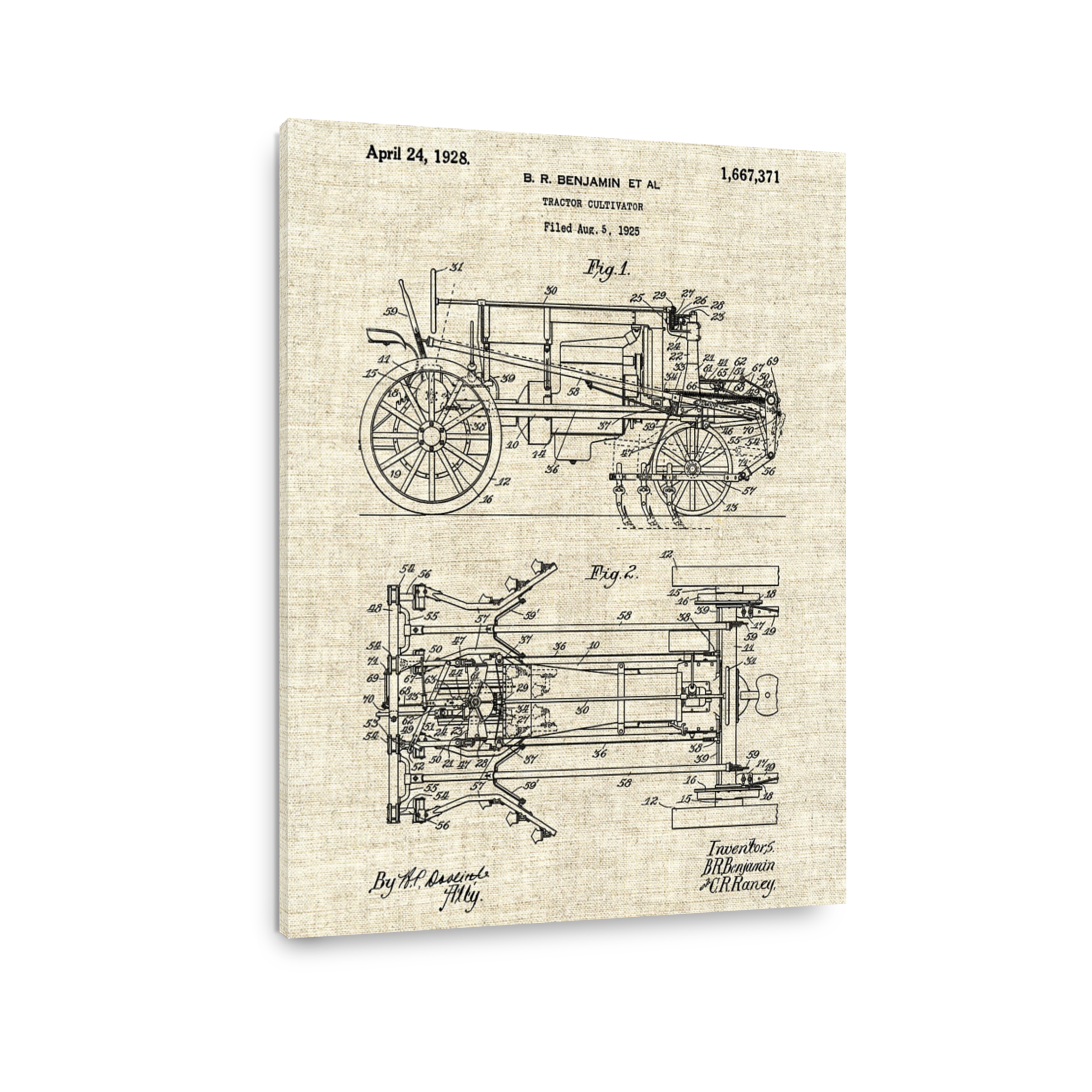 Vintage Tractor Cultivator Blueprint Art
