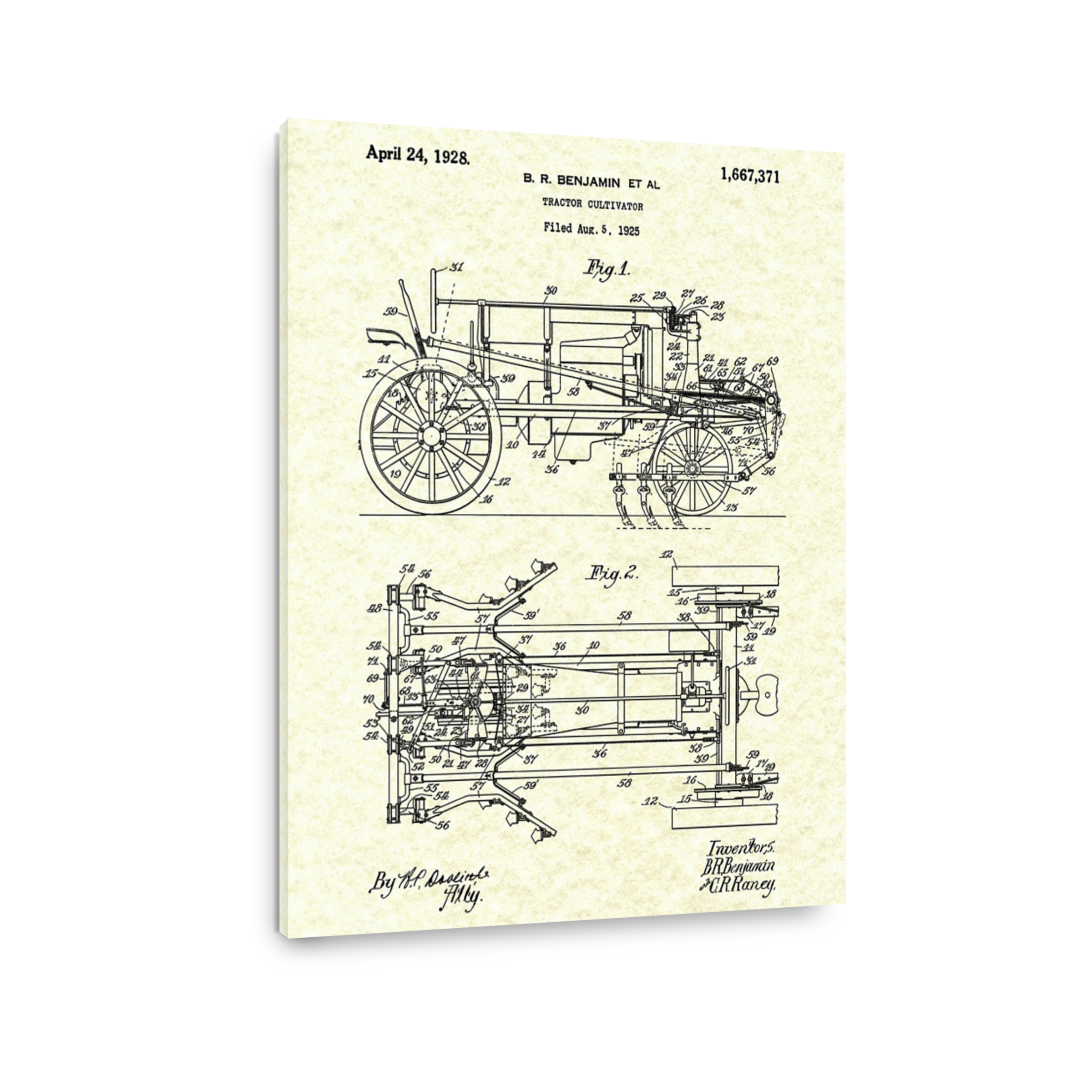 Vintage Tractor Cultivator Blueprint Art