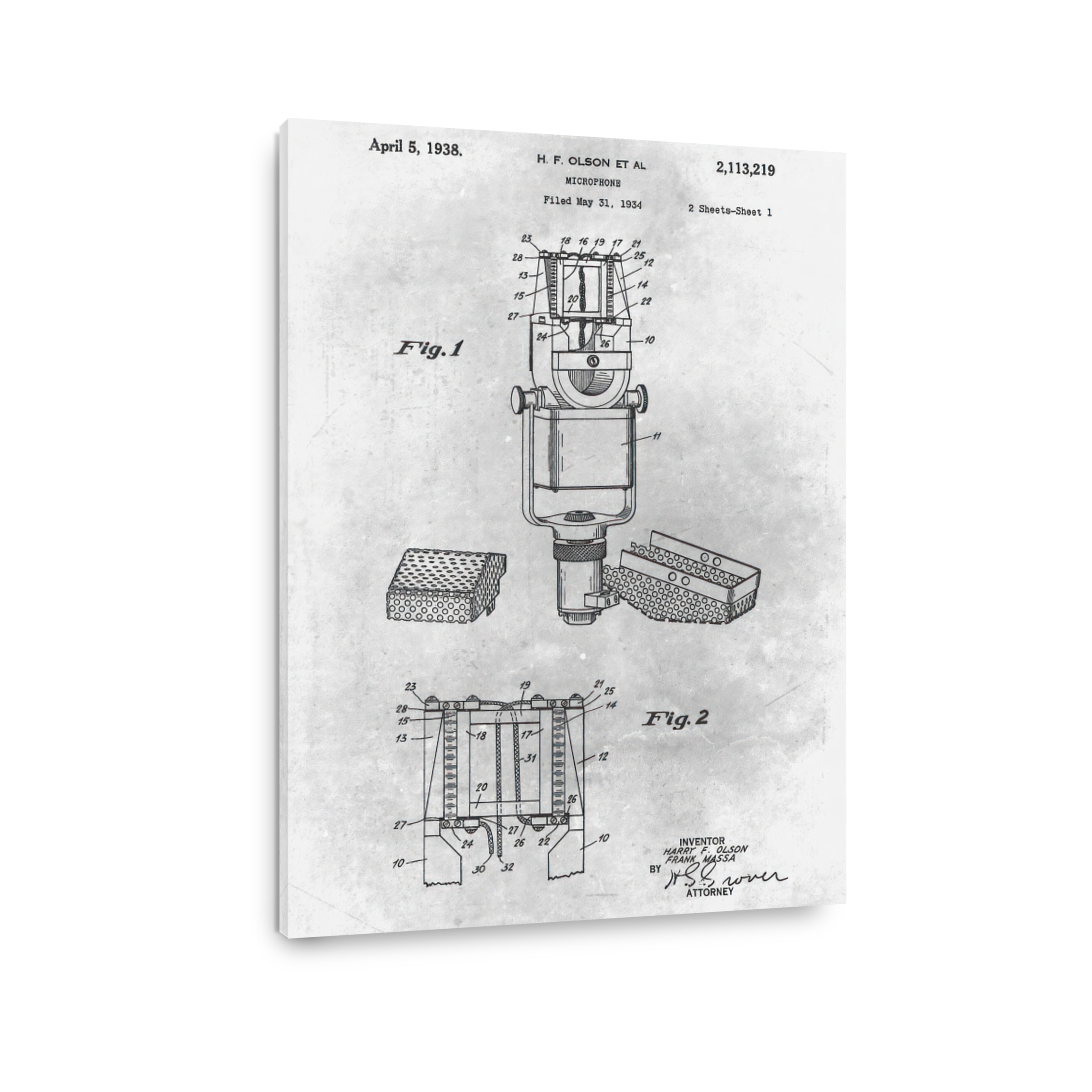 Vintage Microphone Patent Blueprint Art