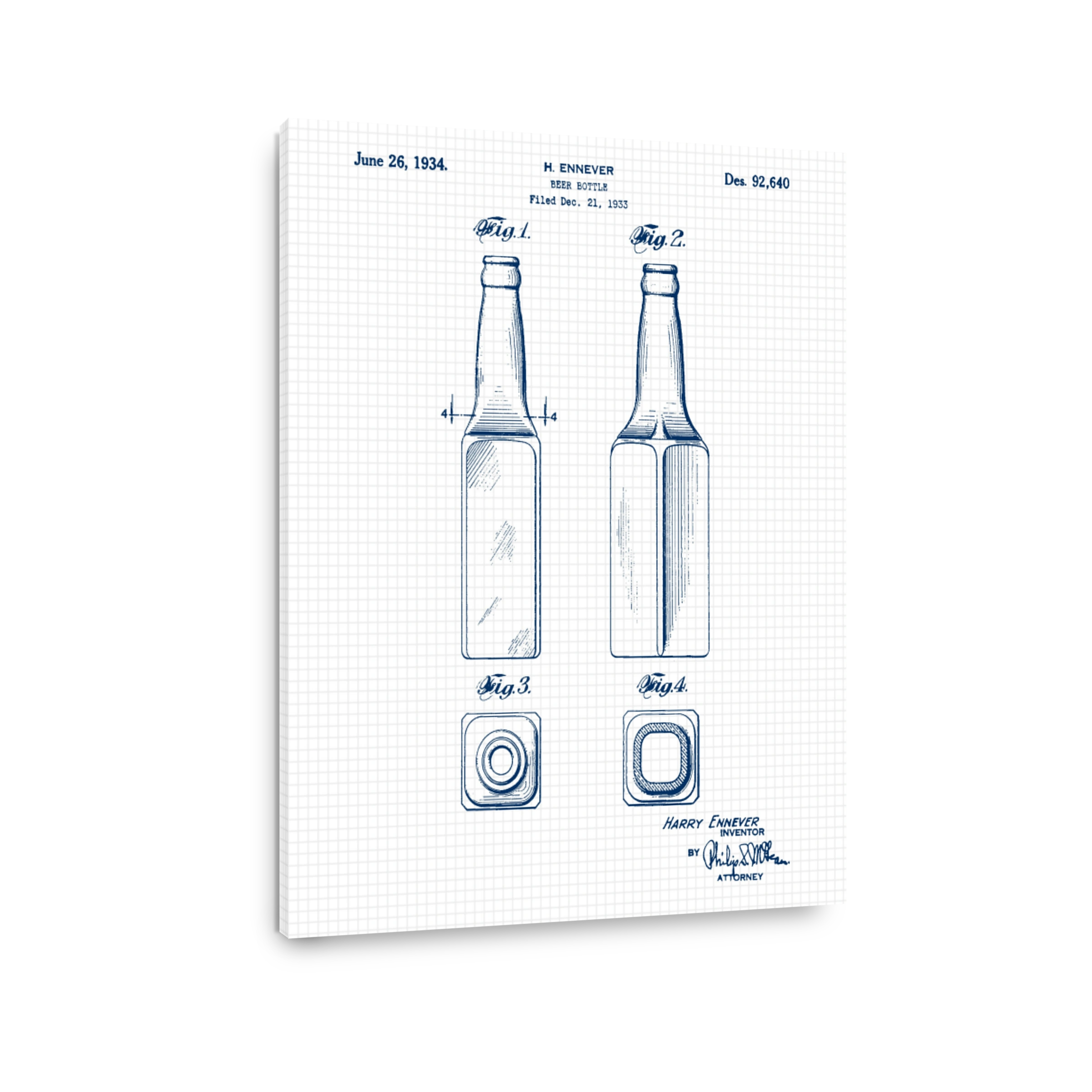 Vintage Beer Bottle Blueprint Art