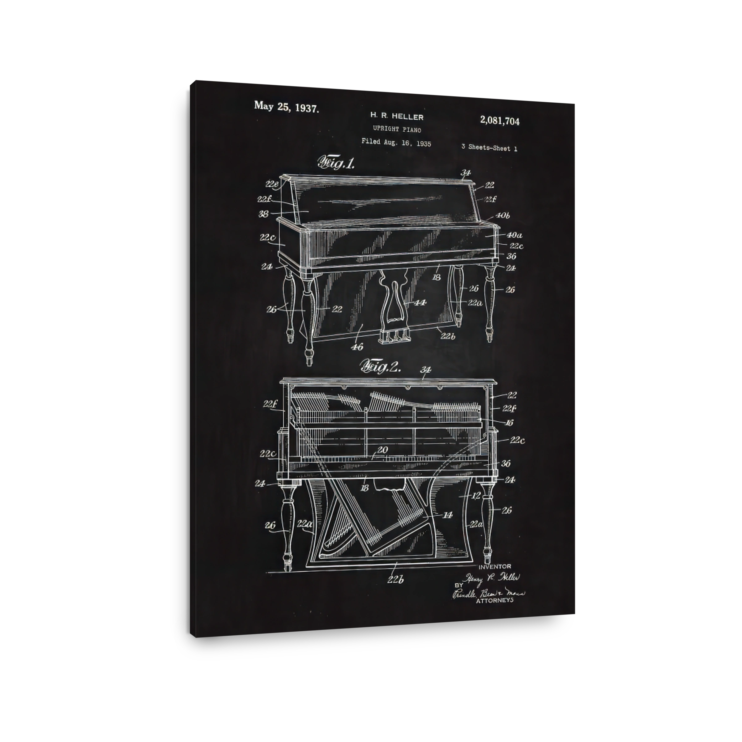 Vintage Upright Piano Blueprint Art