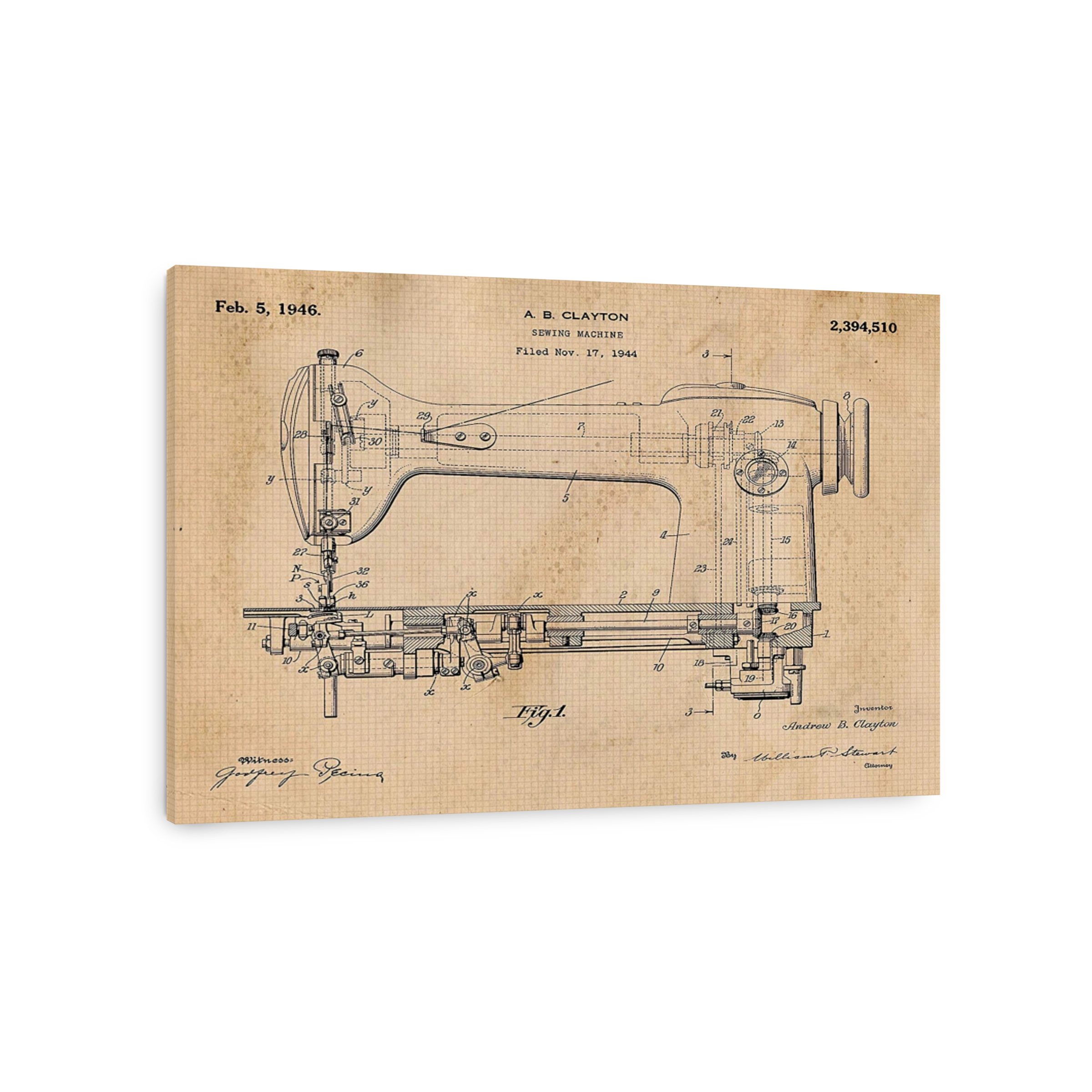 Vintage Sewing Machine Patent Blueprint
