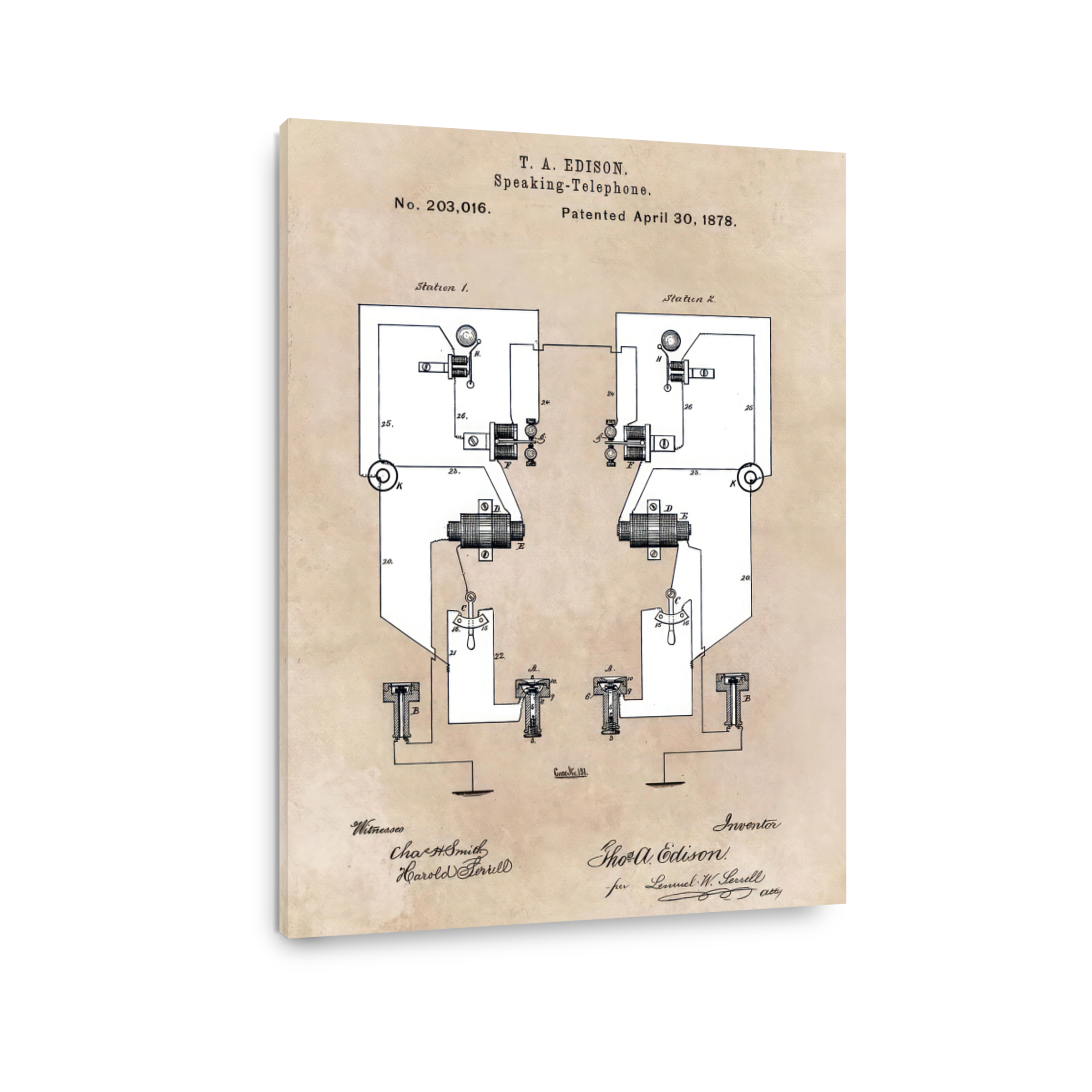 Edison Speaking-Telephone Patent Blueprint