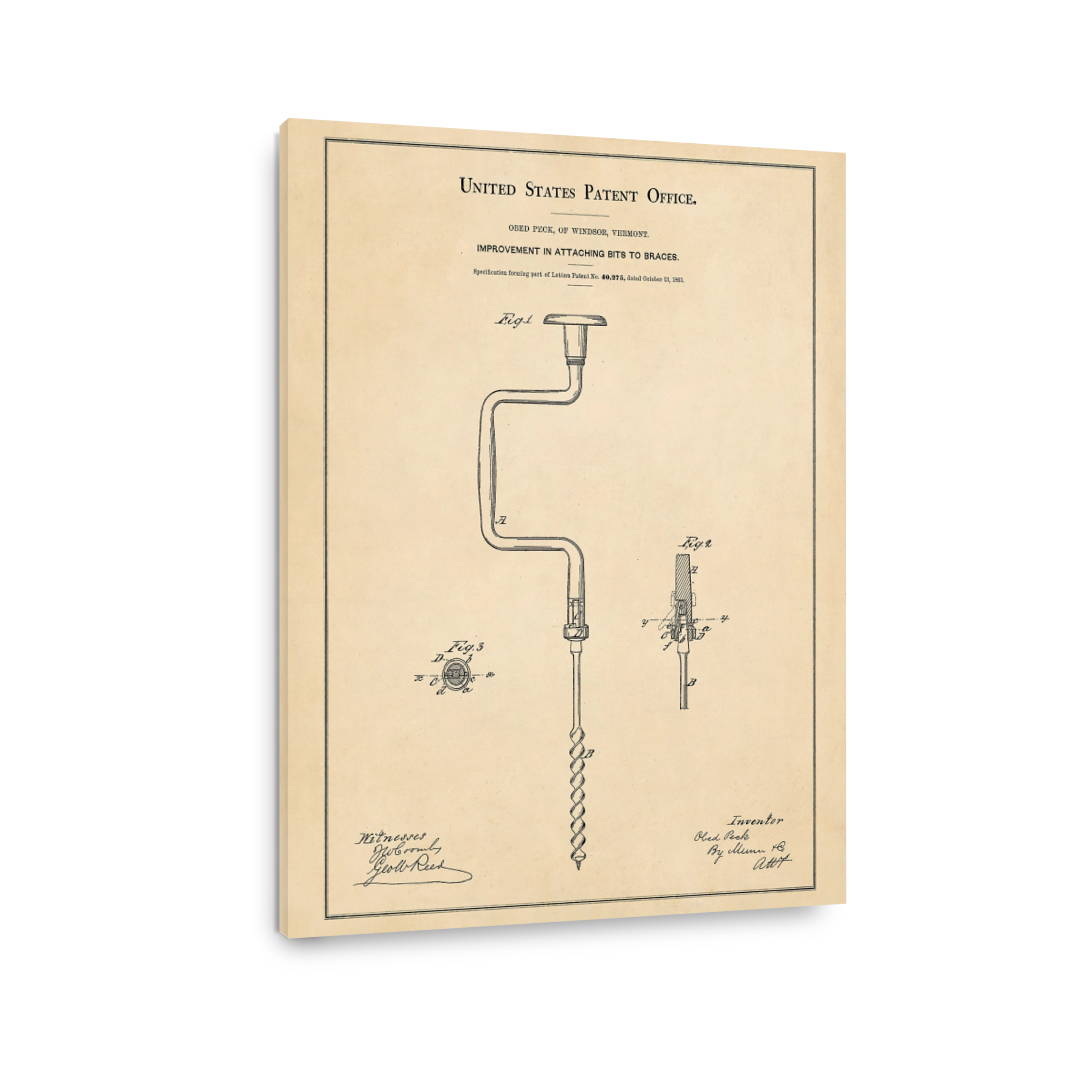 Obed Peck Brace and Bit Patent Drawing