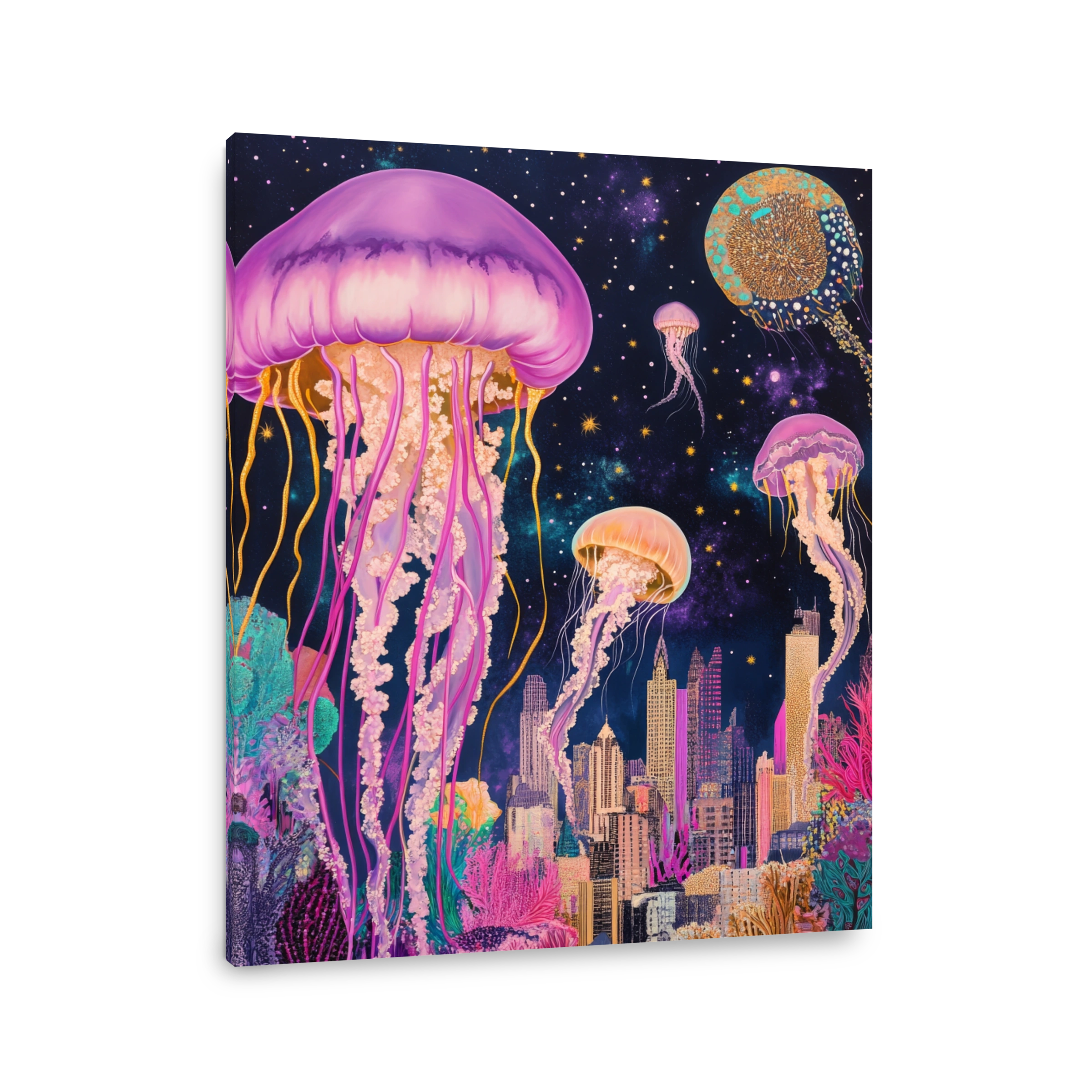 Cosmic jellyfish over a neon city