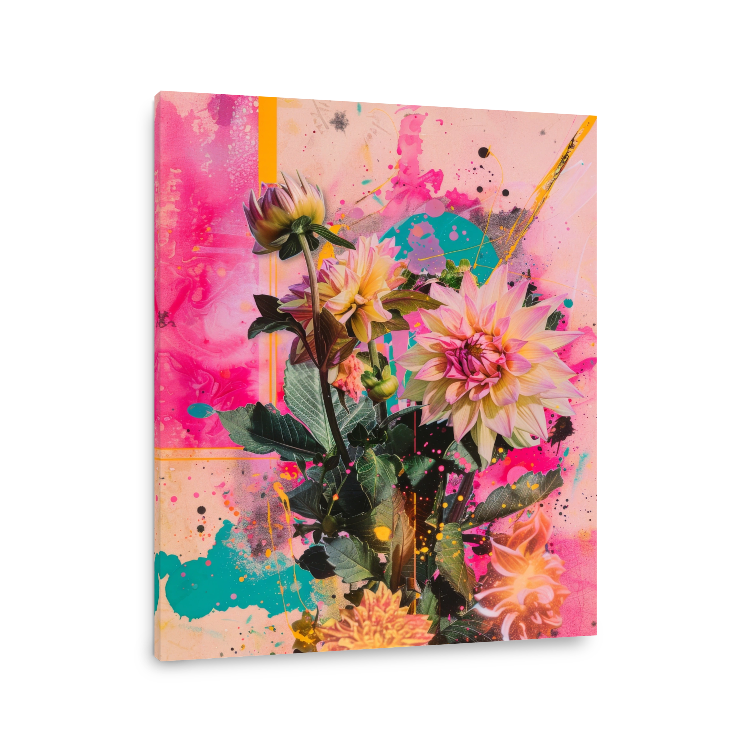 Vibrant Neon Dahlias Mixed Media Art