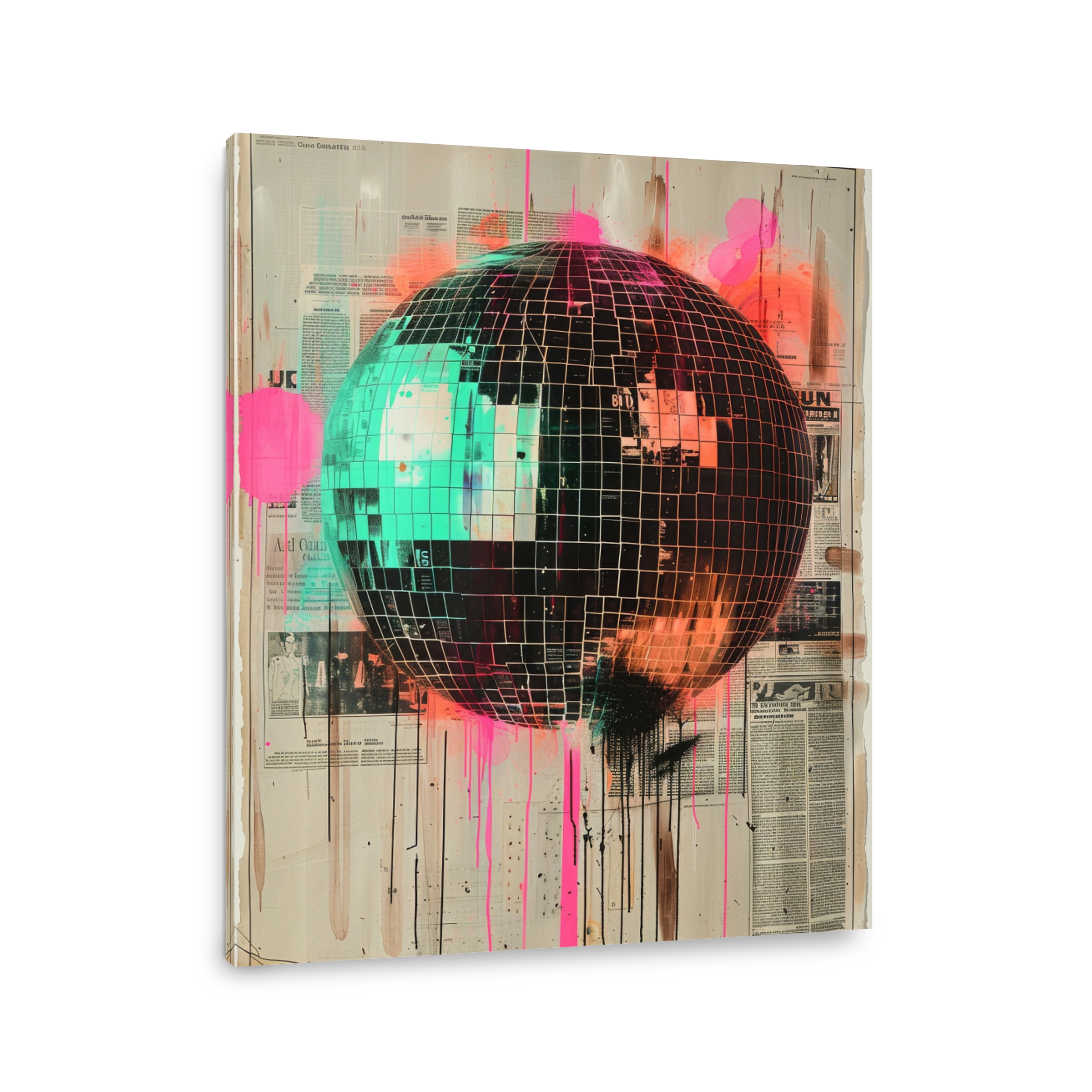 Retro Neon Disco Ball Mixed Media Art
