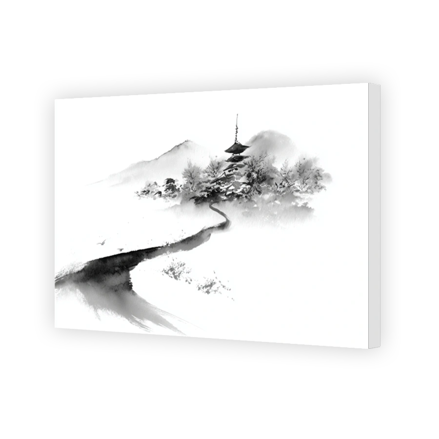 Serene Pagoda Landscape Ink Wash Painting