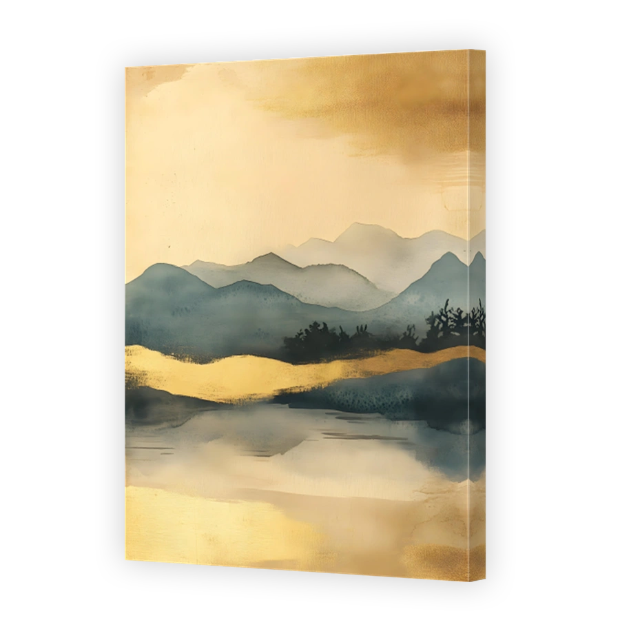 Serene Watercolour Mountains with Gold Accents