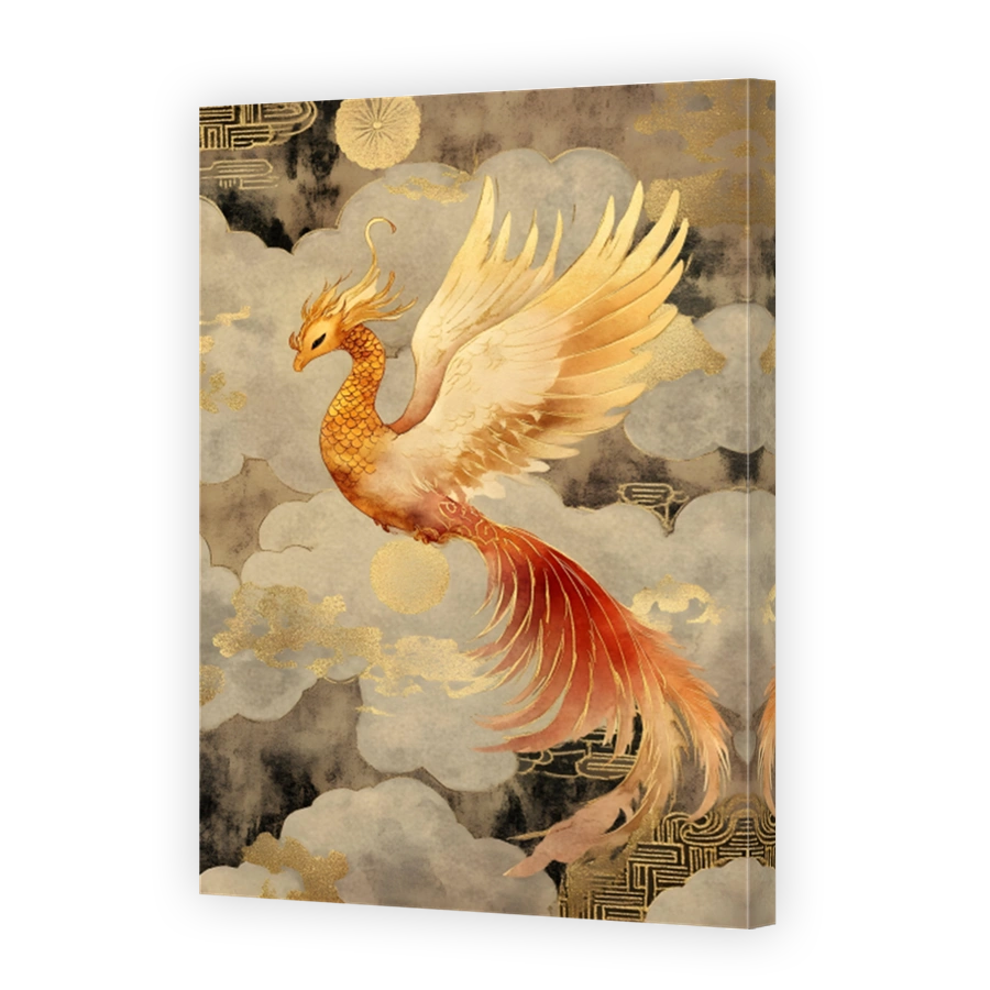 Golden Phoenix Soaring Through Clouds