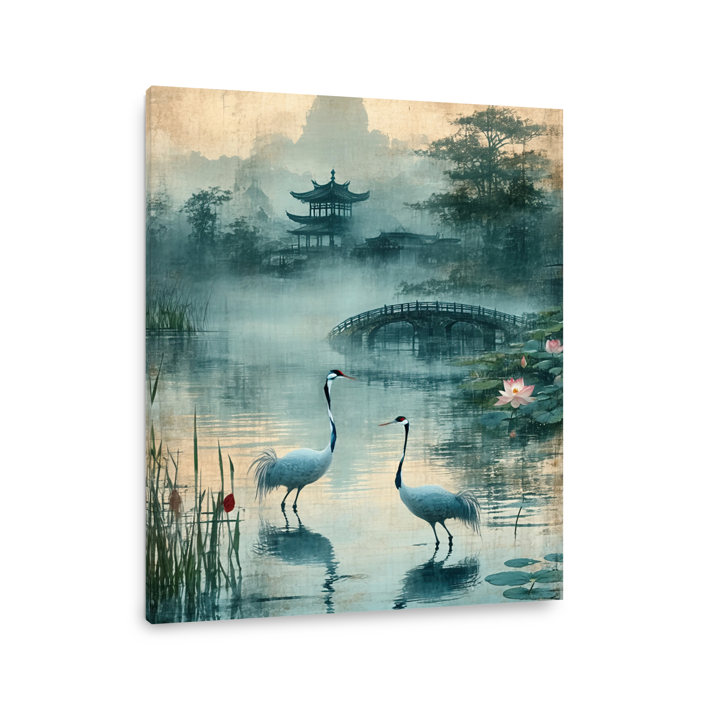 Tranquil Cranes in Misty Japanese Garden