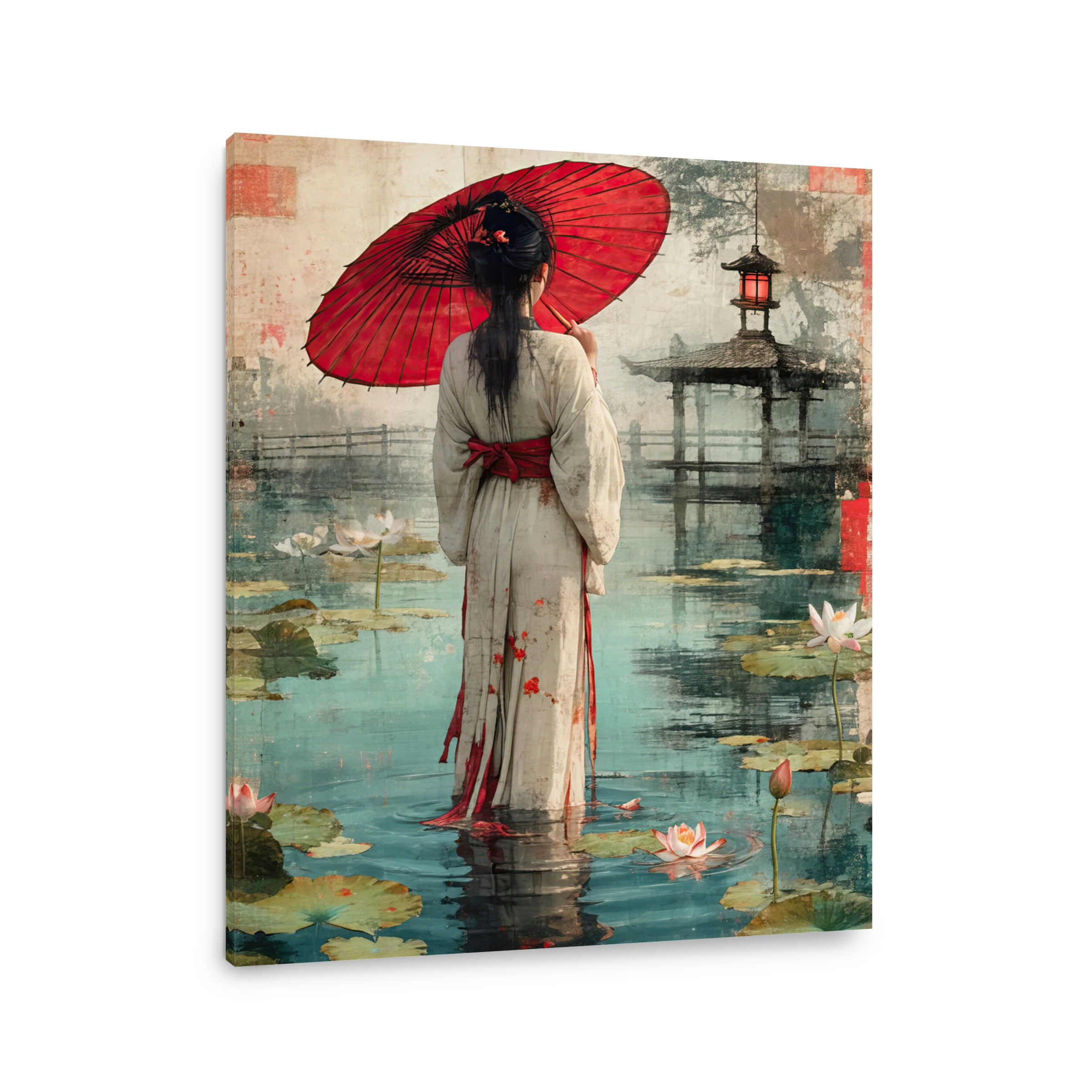 Woman with Red Umbrella in Serene Pond