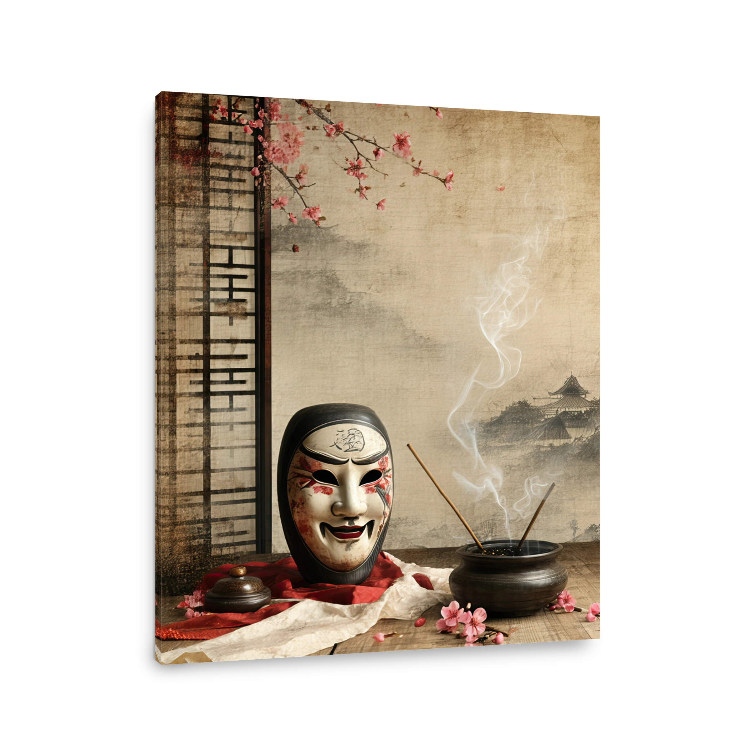 Mysterious Japanese Mask with Incense