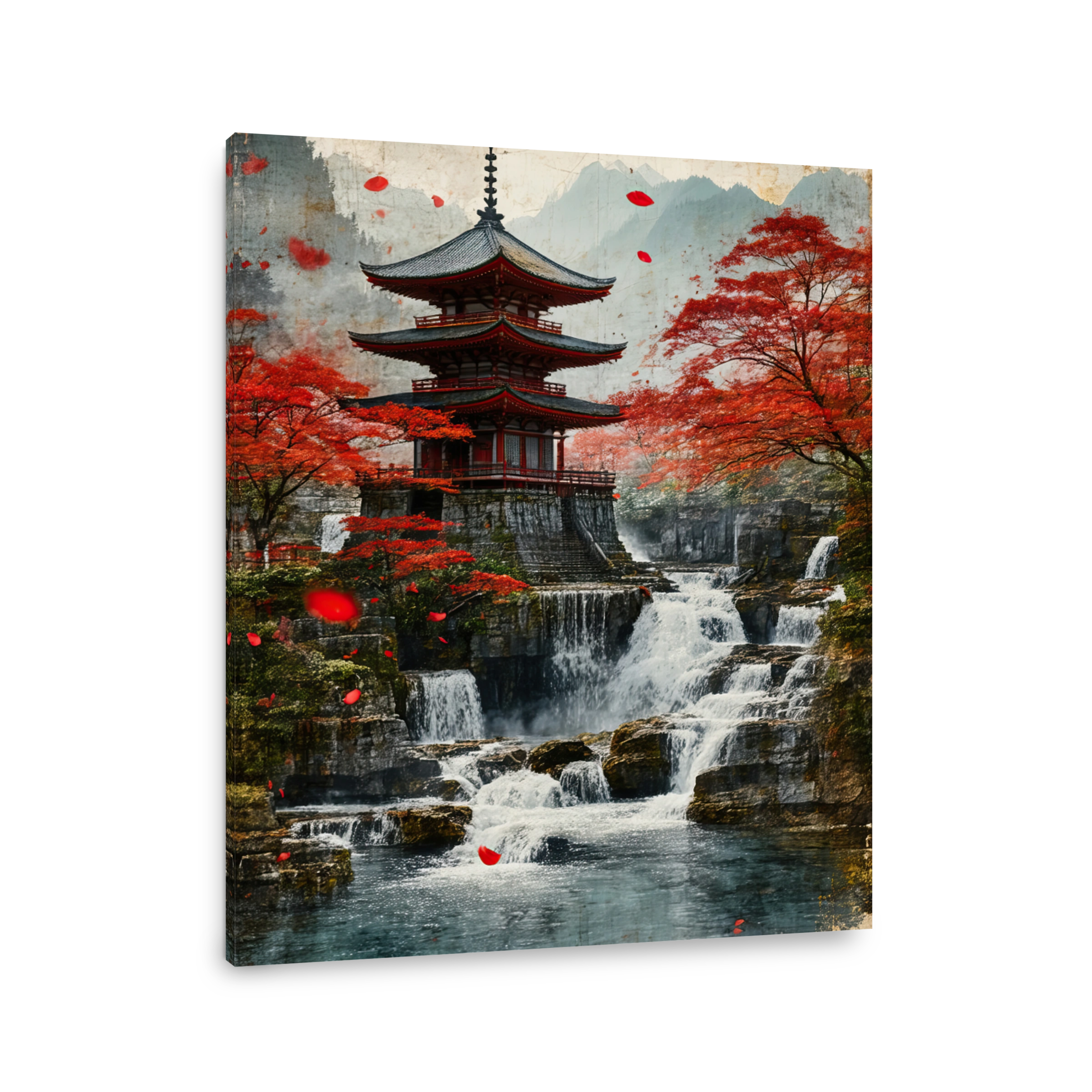Serene Japanese Pagoda Waterfall Scene