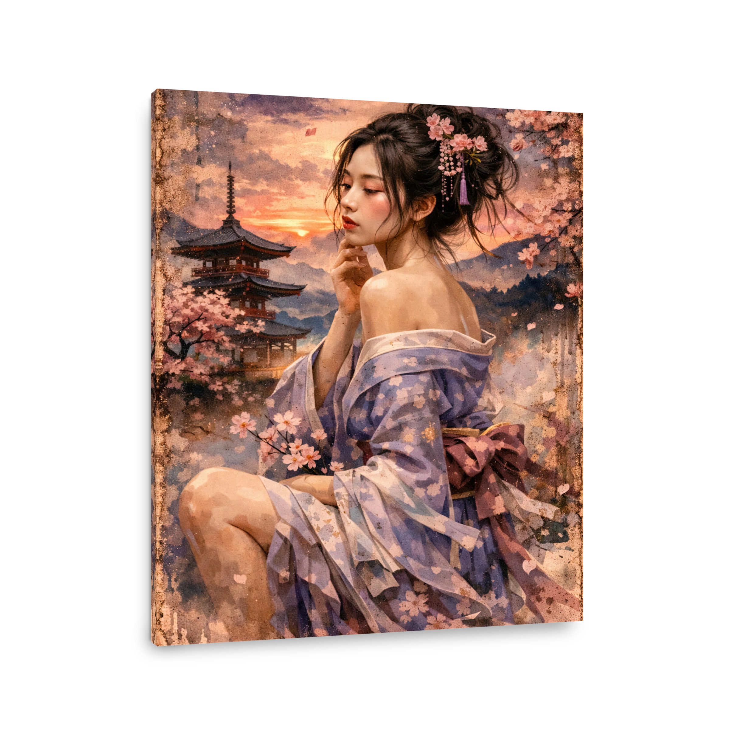 Serene Woman in Kimono by Pagoda