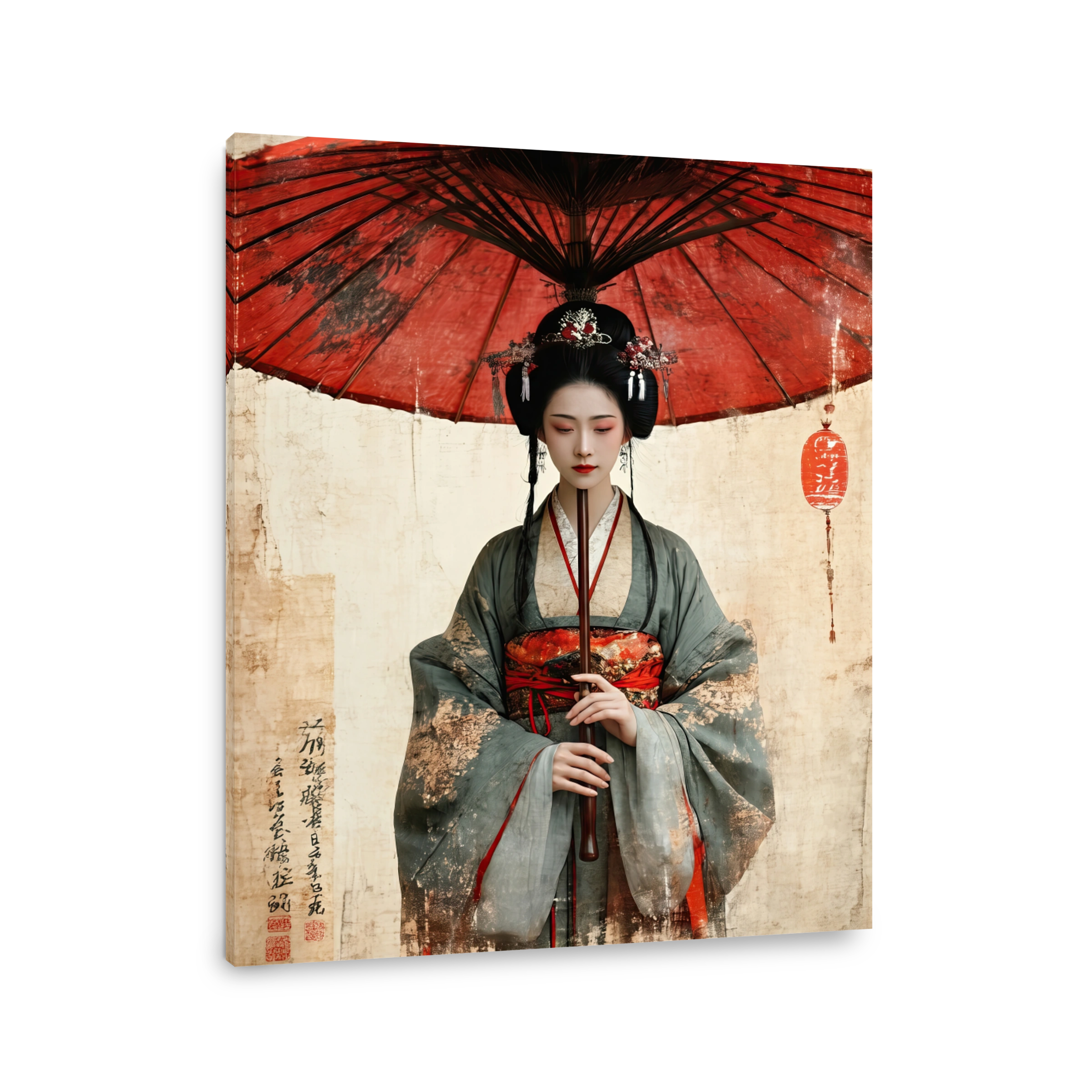 Serene Japanese Woman with Red Umbrella