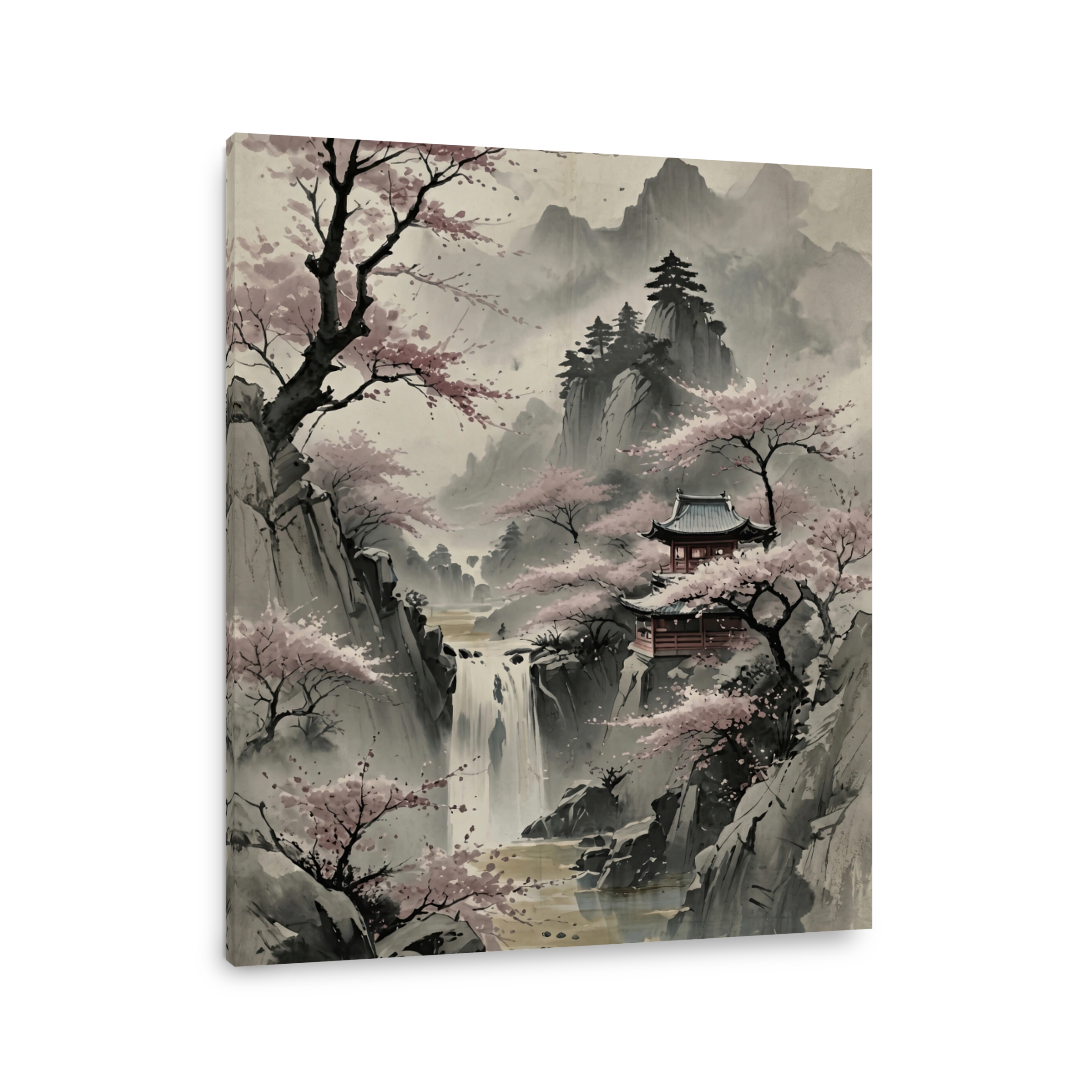 Serene Japanese Pagoda and Waterfall