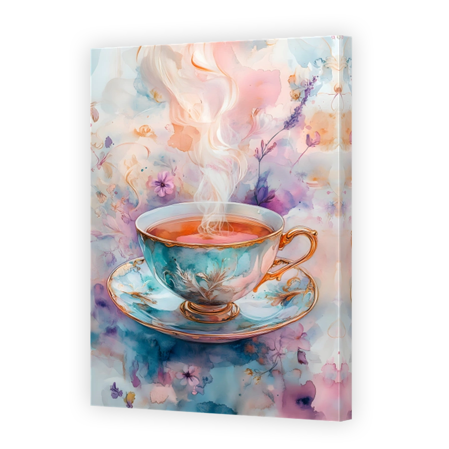 Steaming Teacup with Floral Watercolour Background
