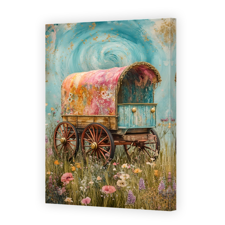 Whimsical Floral Wagon in Meadow