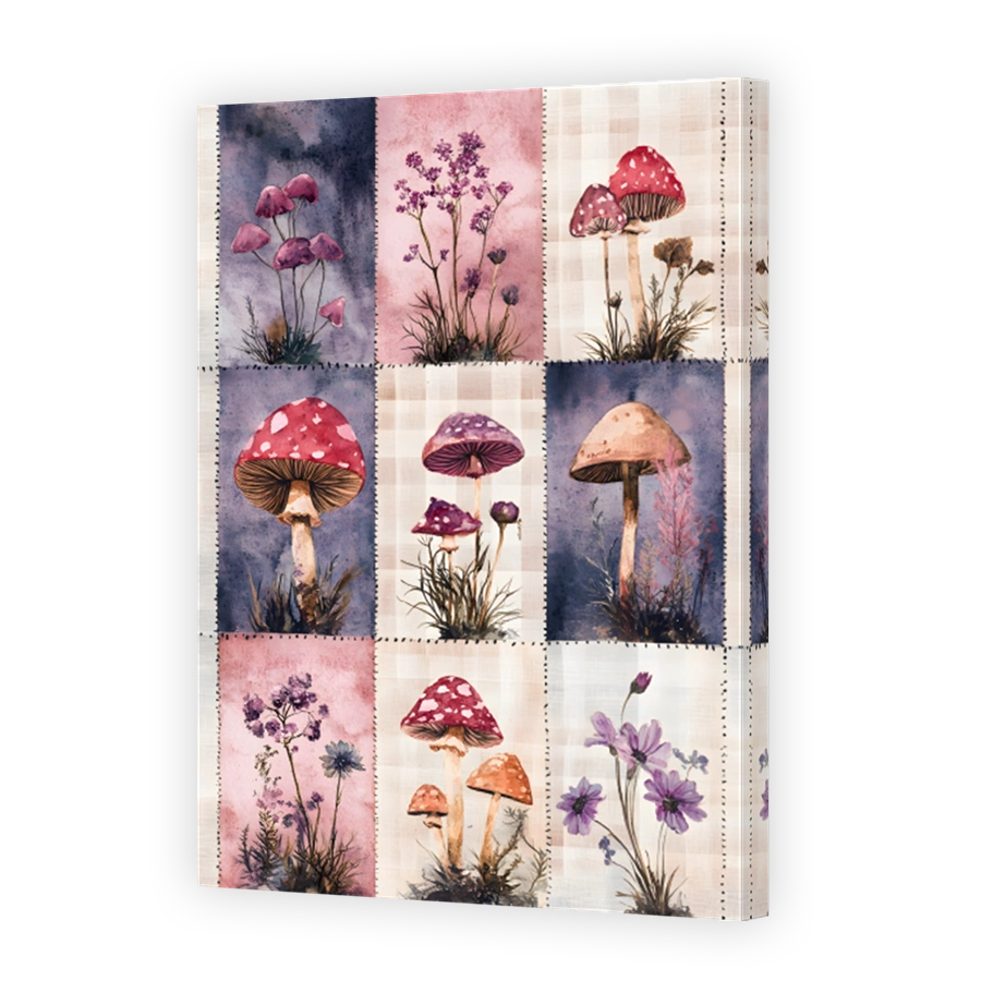 Whimsical Mushroom and Floral Patchwork Art