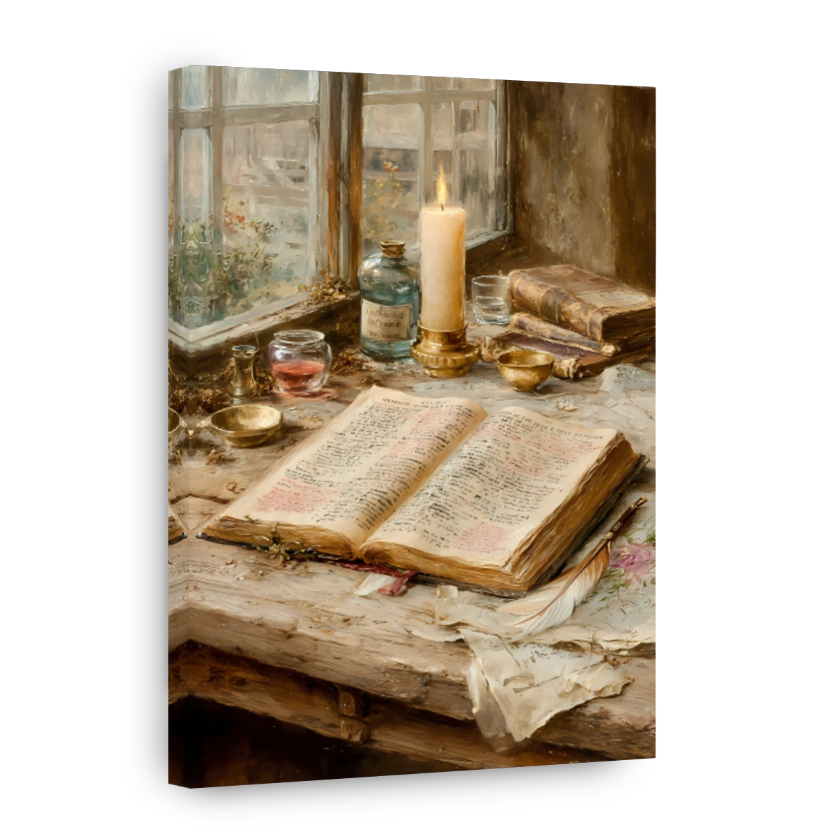 A Candlelit Study: Open Book and Quill