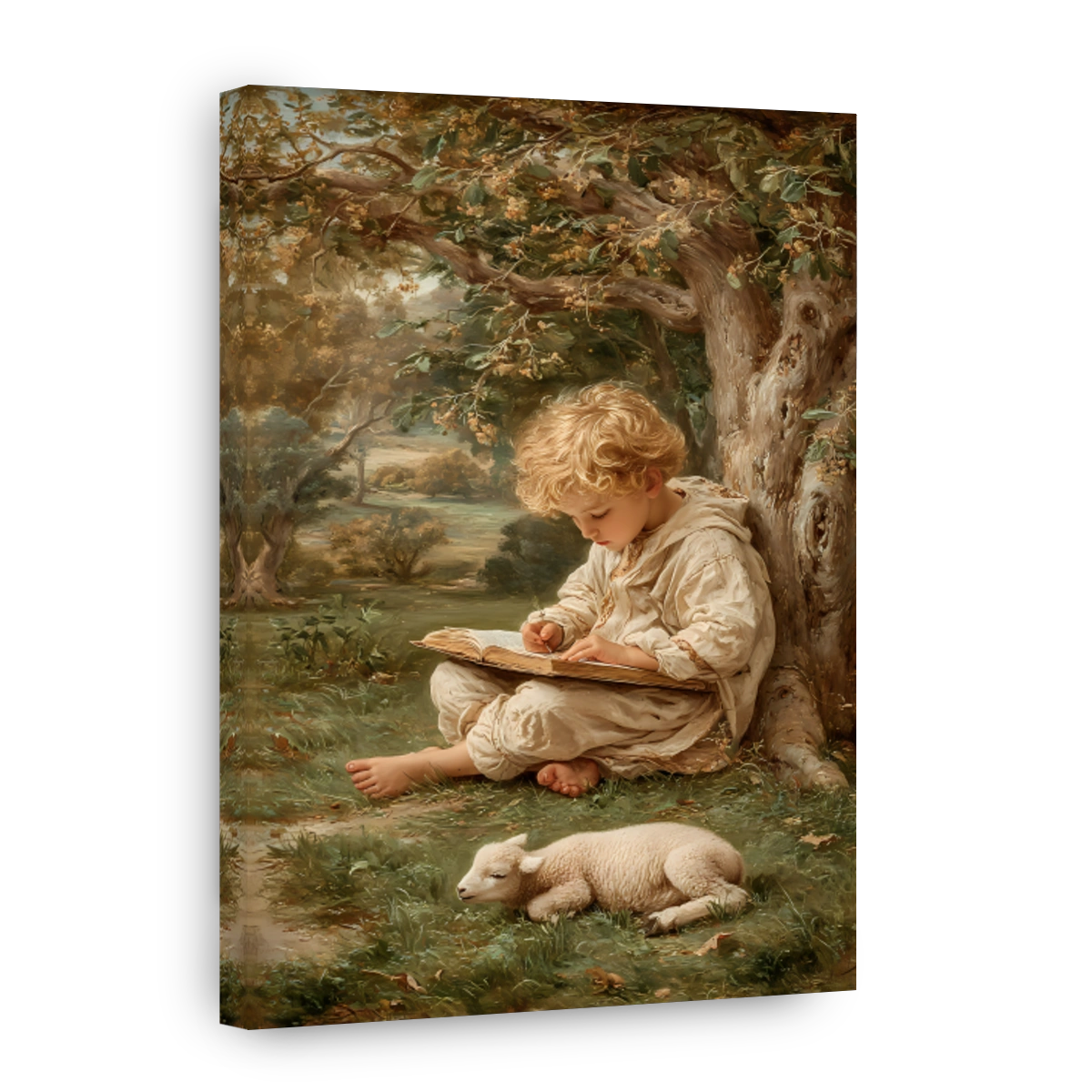 Boy Reading Beside a Lamb
